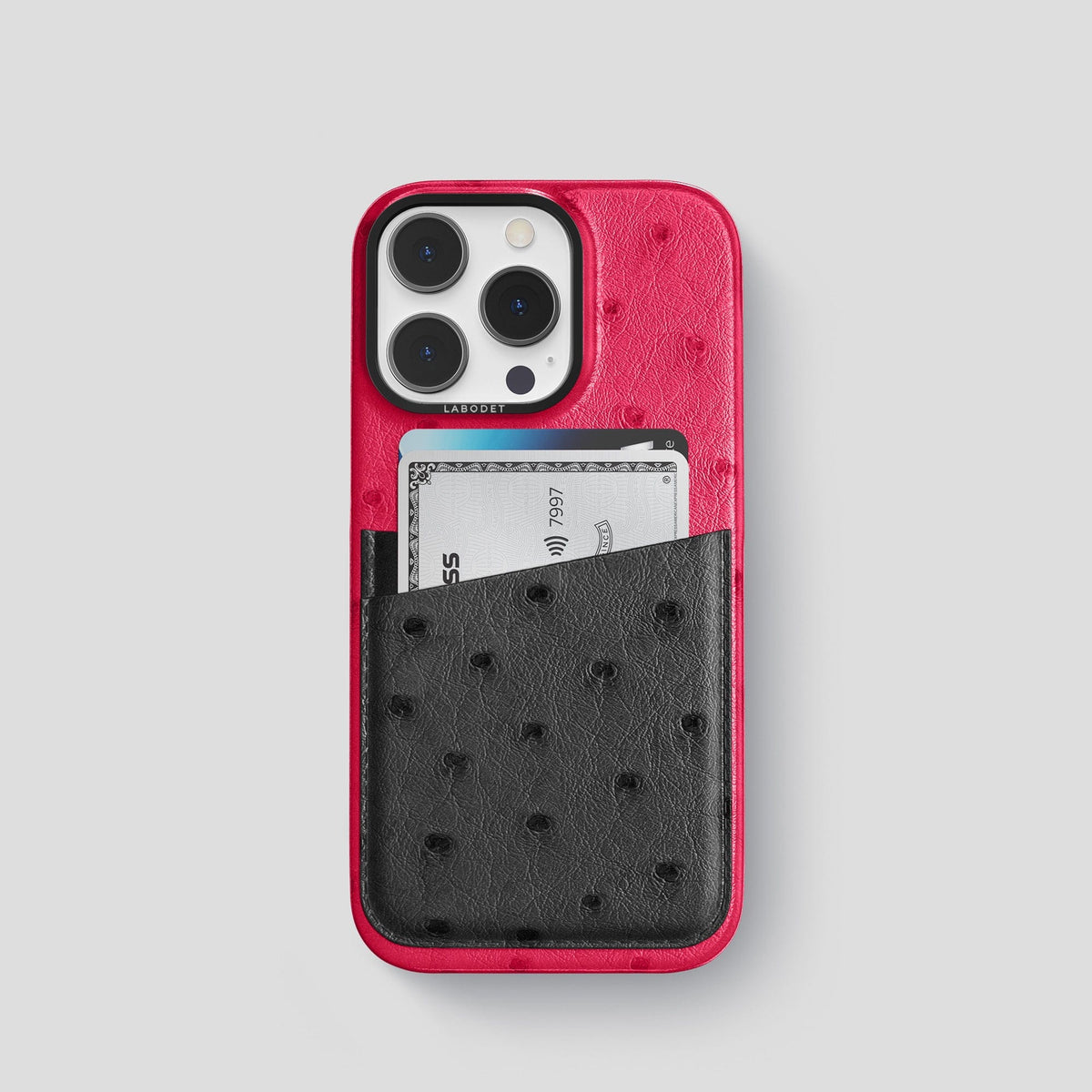 Bordeaux-Black iPhone 14 Pro Card Case Colore Ostrich with Black Metal -1 | Bordeaux-Black-Black