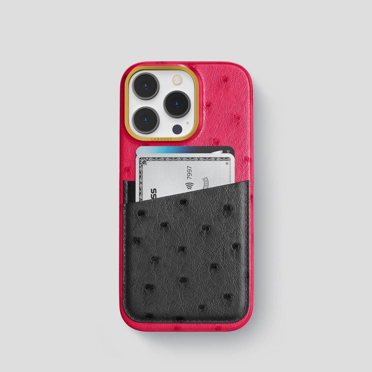 Bordeaux-Black iPhone 14 Pro Card Case Colore Ostrich with Gold Metal -1 | Bordeaux-Black-Gold