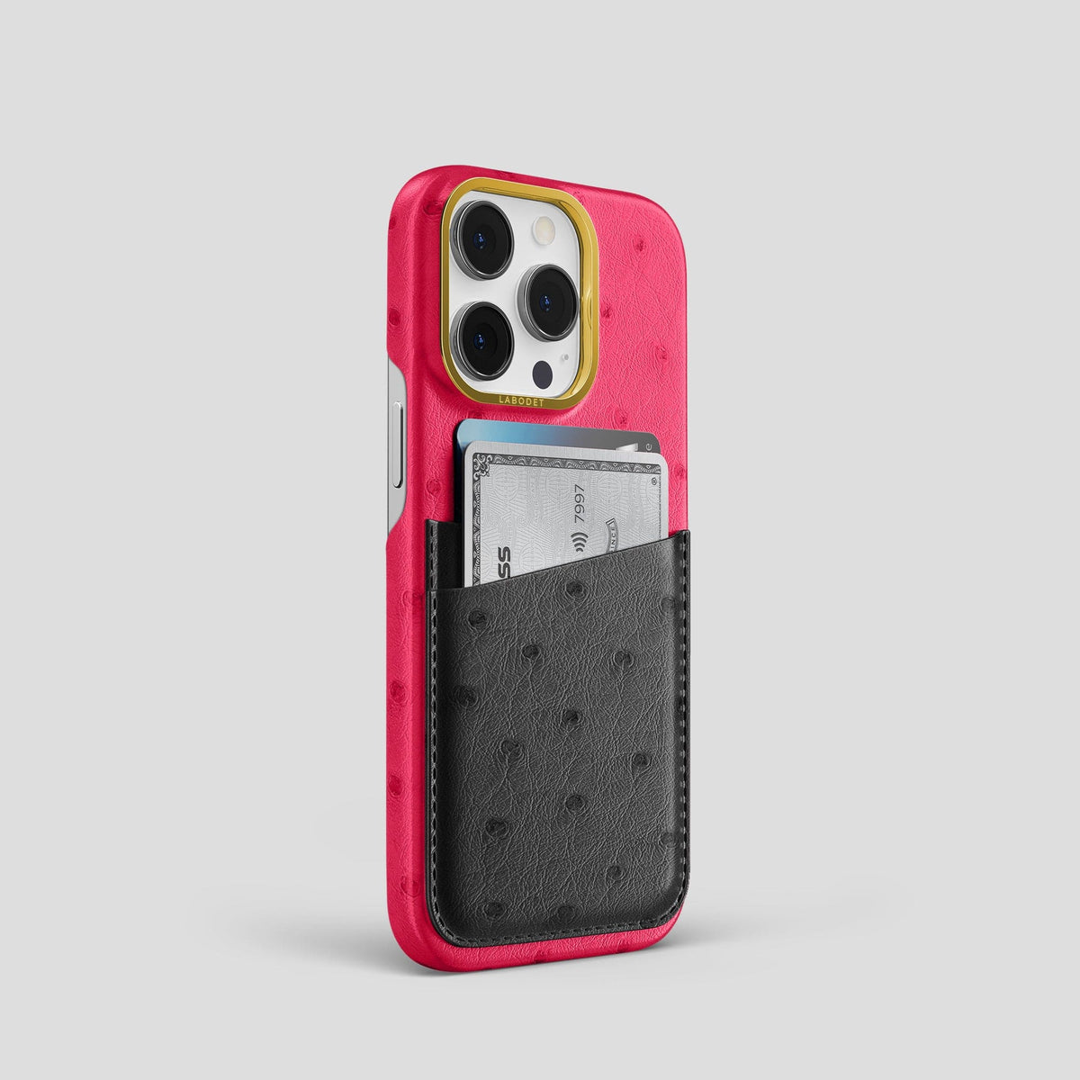 Bordeaux-Black iPhone 14 Pro Card Case Colore Ostrich with Gold Metal -2 | Bordeaux-Black-Gold