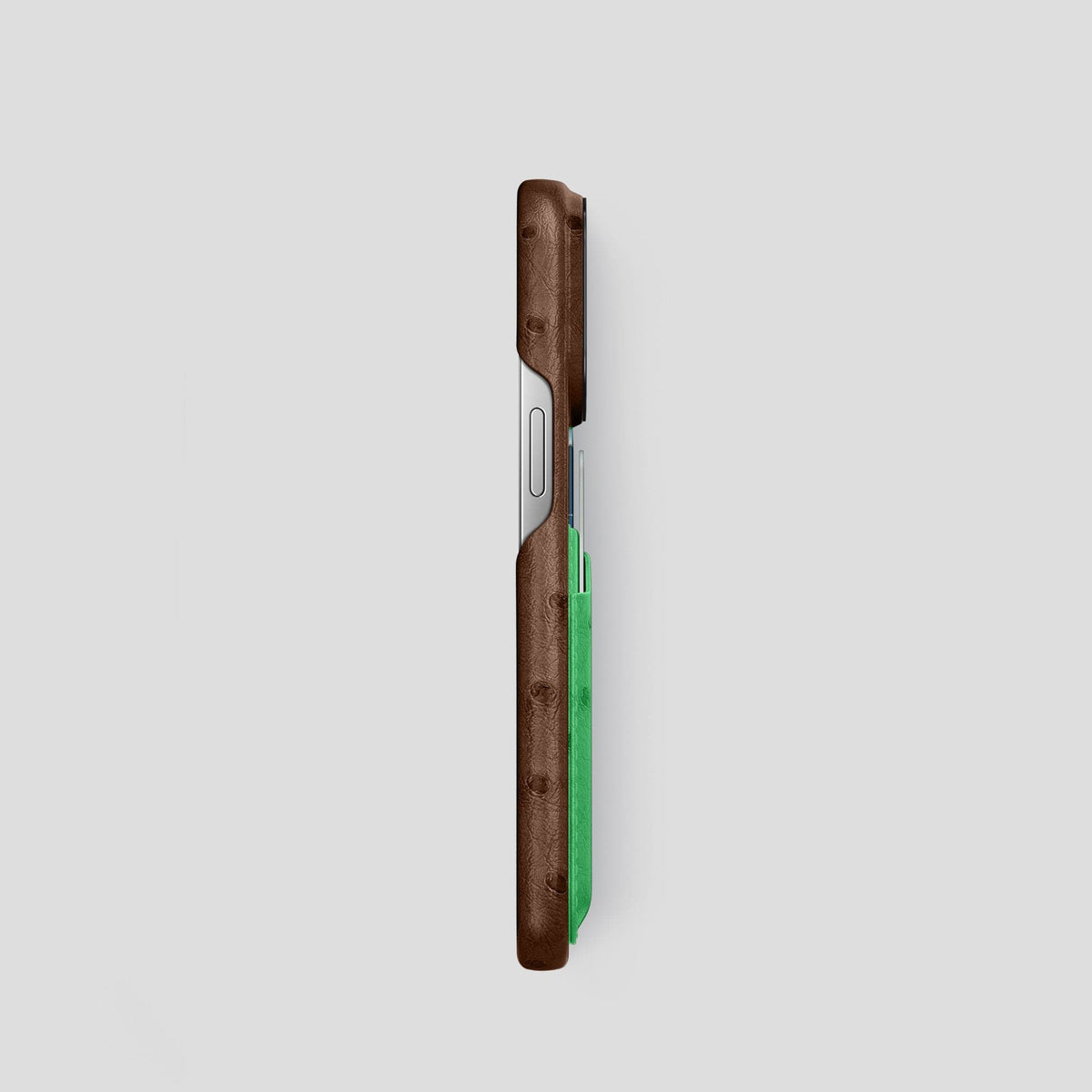 Chocolate-Kentucky-Green iPhone 14 Pro Card Case Colore Ostrich with Black Metal -3 | Chocolate-Kentucky-Green-Black