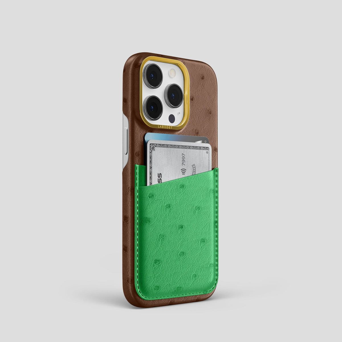 Chocolate-Kentucky-Green iPhone 14 Pro Card Case Colore Ostrich with Gold Metal -2 | Chocolate-Kentucky-Green-Gold