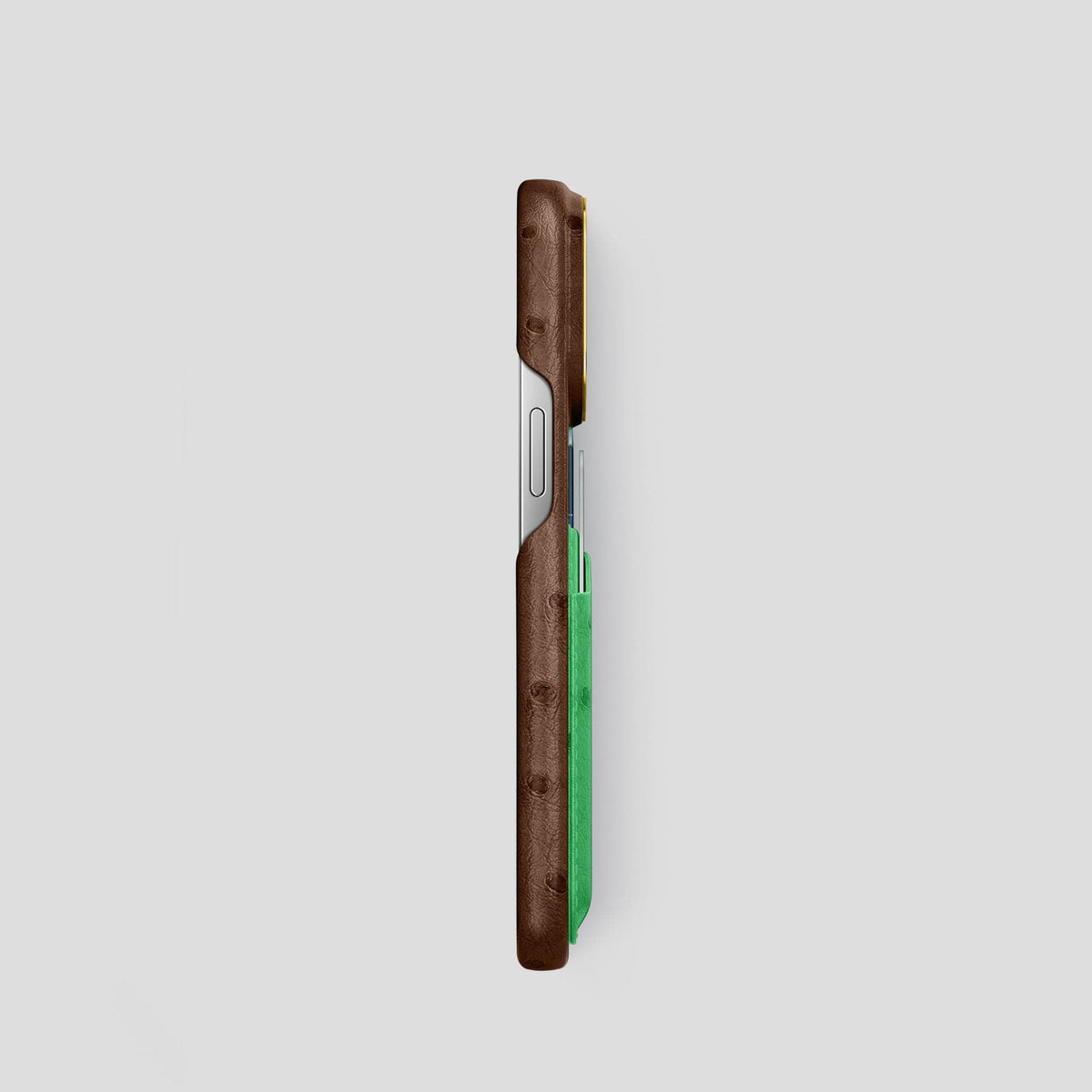 Chocolate-Kentucky-Green iPhone 14 Pro Card Case Colore Ostrich with Gold Metal -3 | Chocolate-Kentucky-Green-Gold