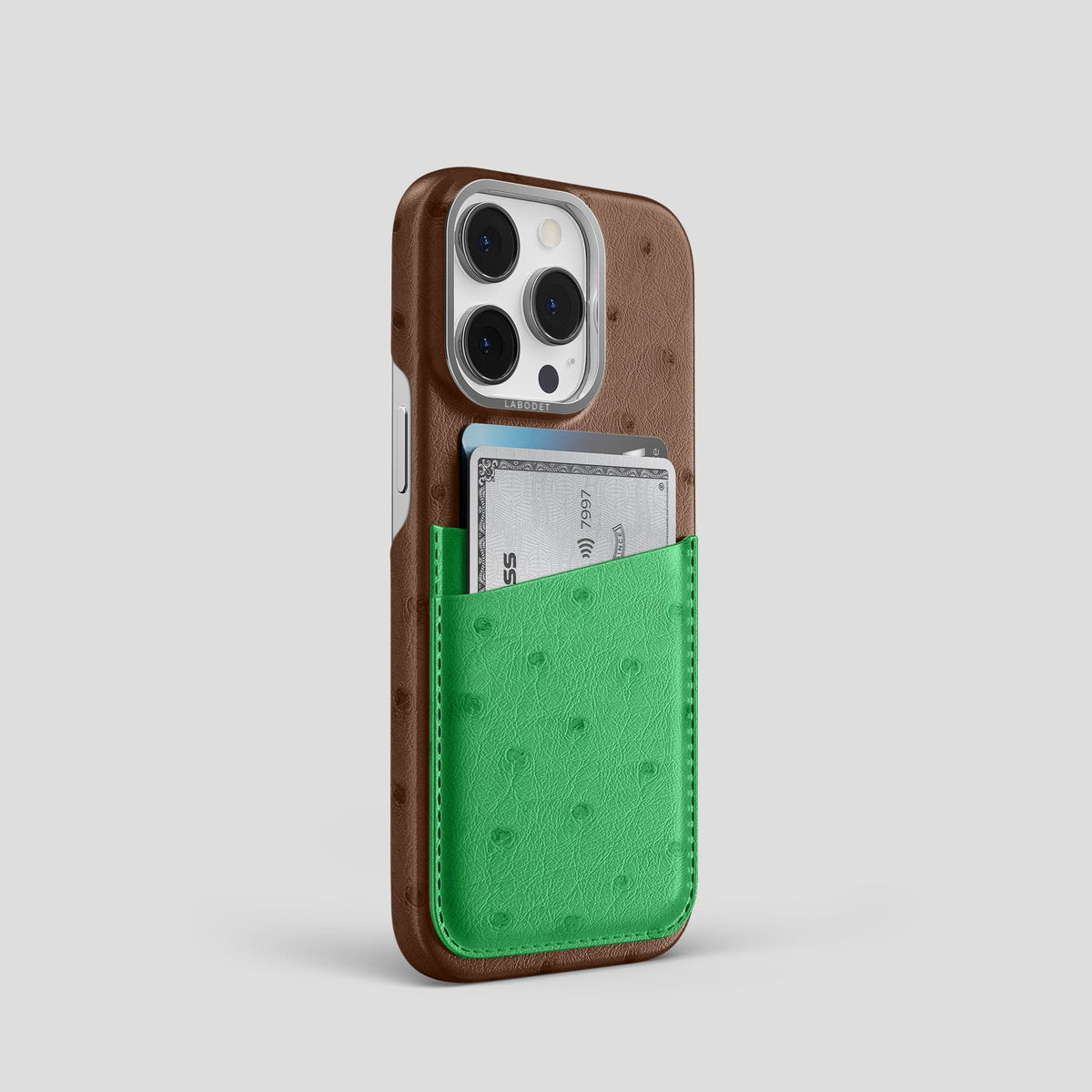 Chocolate-Kentucky-Green iPhone 14 Pro Card Case Colore Ostrich with Steel Metal -2 | Chocolate-Kentucky-Green-Steel