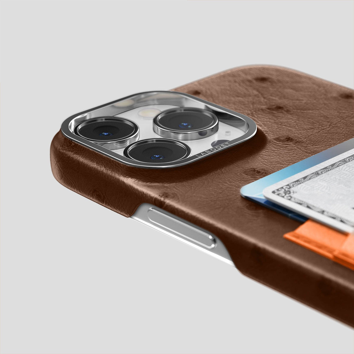 Chocolate-Medium-Brown iPhone 14 Pro Card Case Colore Ostrich with Steel Metal -5 | Chocolate-Medium-Brown-Steel