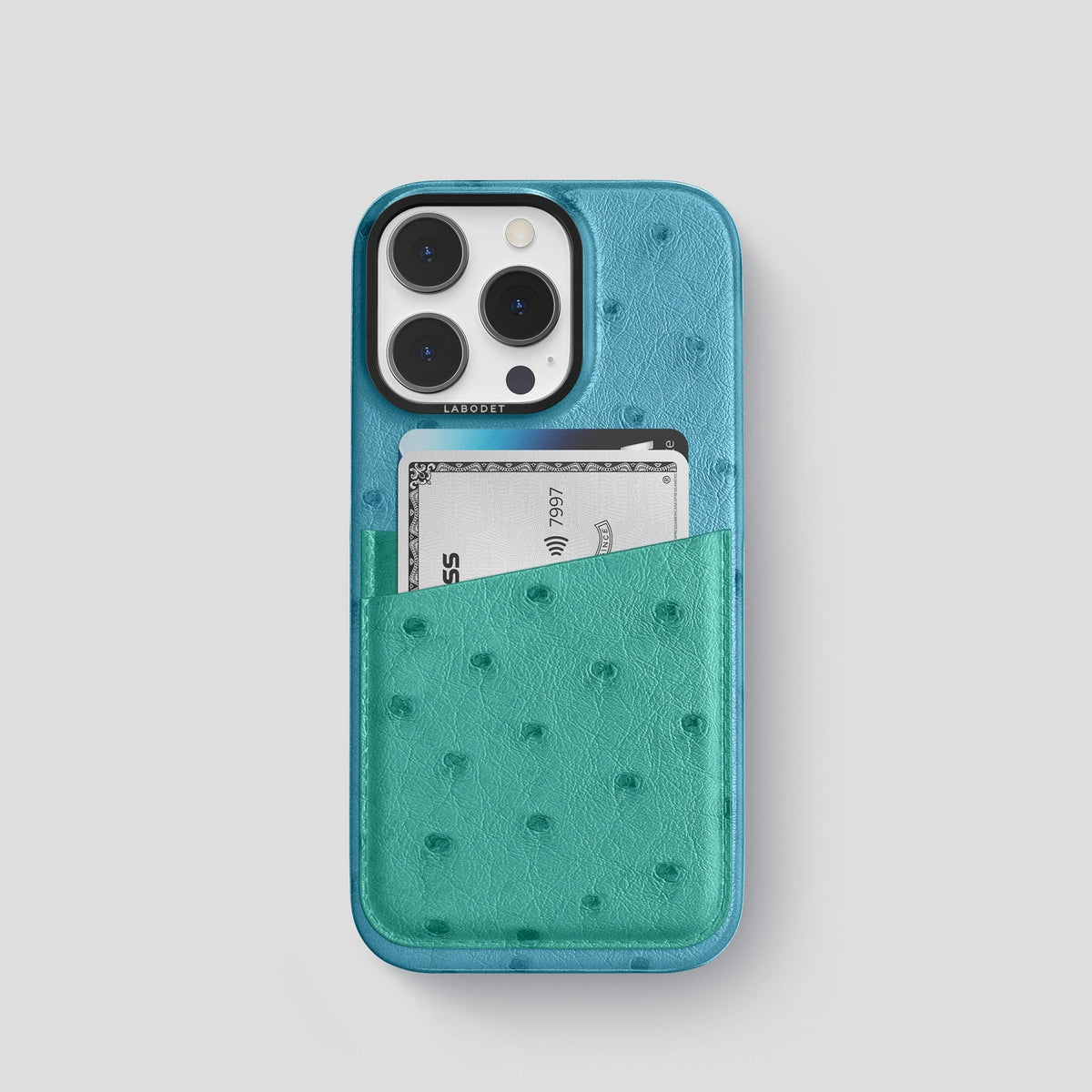 Blue-Jeans-Green iPhone 14 Pro Card Case Colore Ostrich with Black Metal -1 | Blue-Jeans-Green-Black