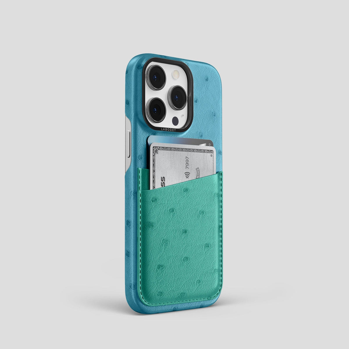 Blue-Jeans-Green iPhone 14 Pro Card Case Colore Ostrich with Black Metal -2 | Blue-Jeans-Green-Black