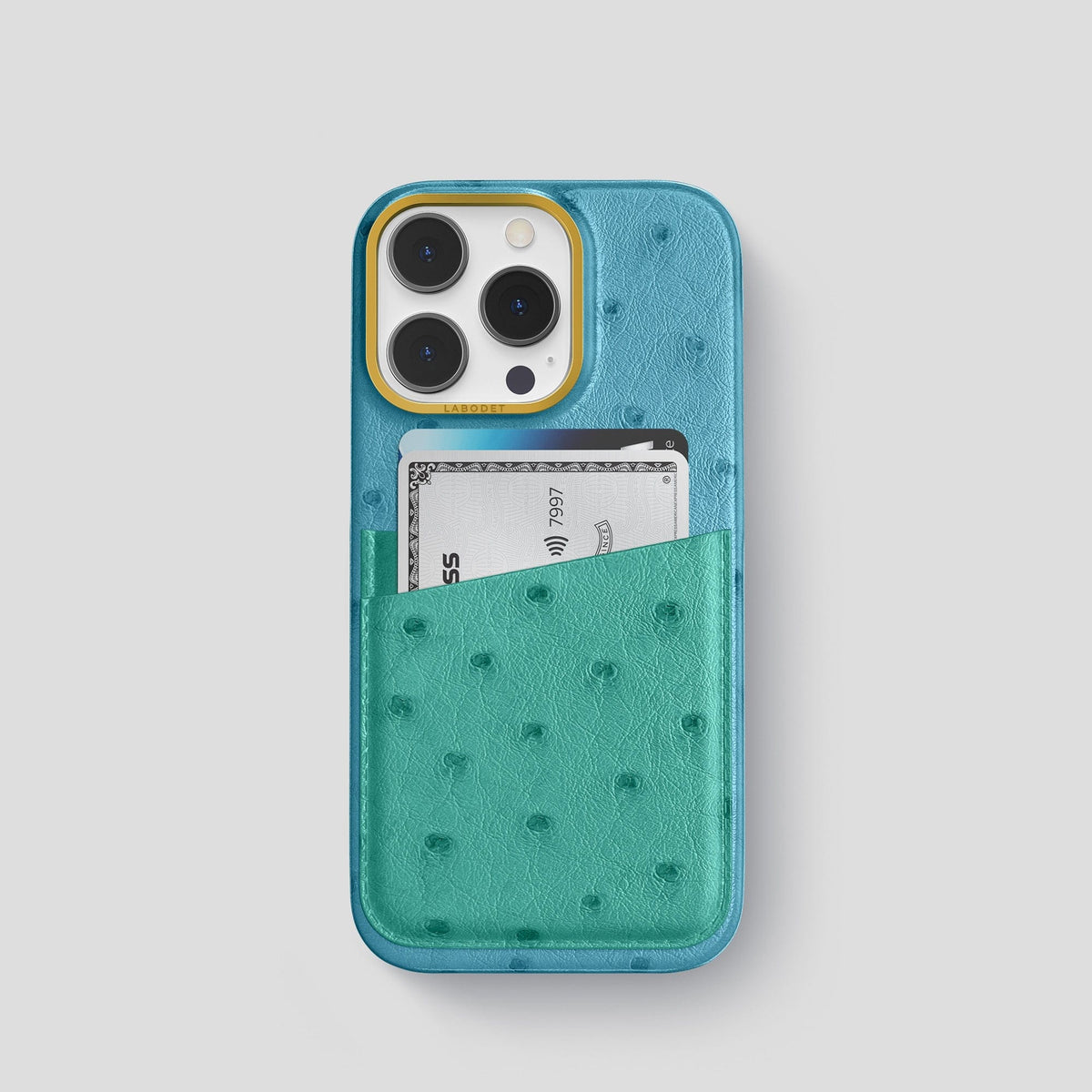 Blue-Jeans-Green iPhone 14 Pro Card Case Colore Ostrich with Gold Metal -1 | Blue-Jeans-Green-Gold