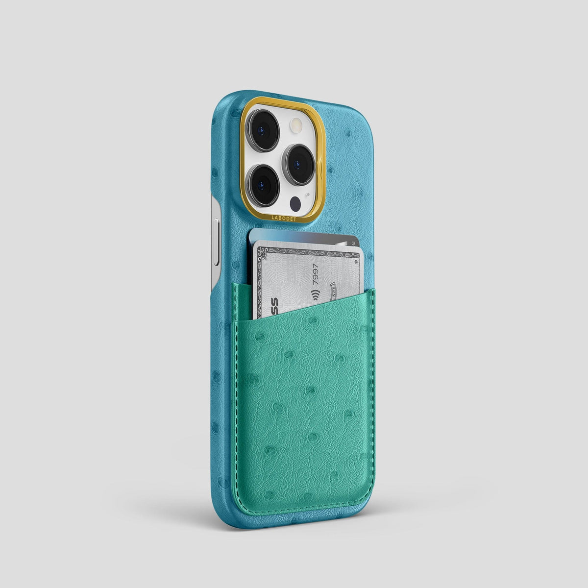 Blue-Jeans-Green iPhone 14 Pro Card Case Colore Ostrich with Gold Metal -2 | Blue-Jeans-Green-Gold