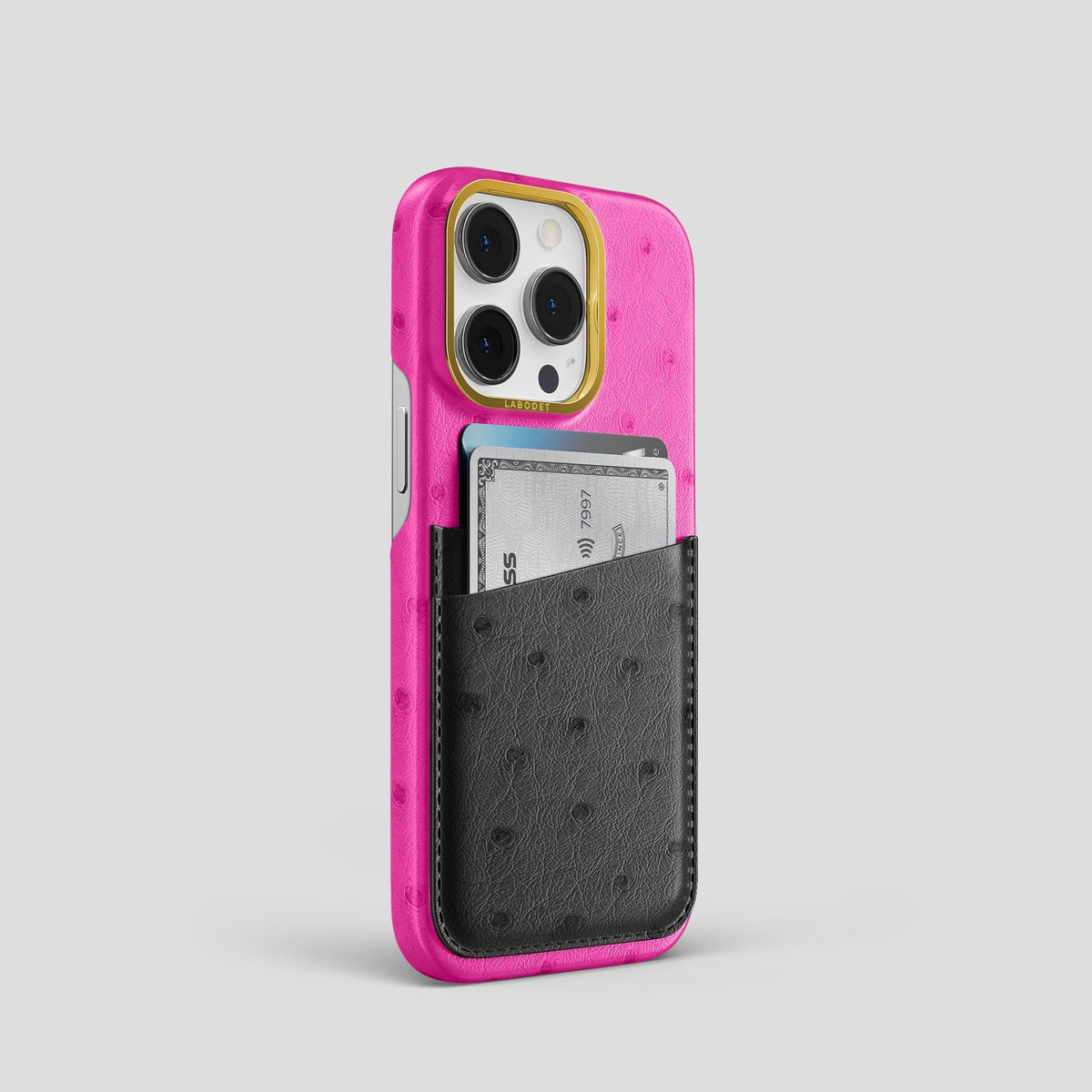 Fuchsia-Black iPhone 14 Pro Card Case Colore Ostrich with Gold Metal -2 | Fuchsia-Black-Gold