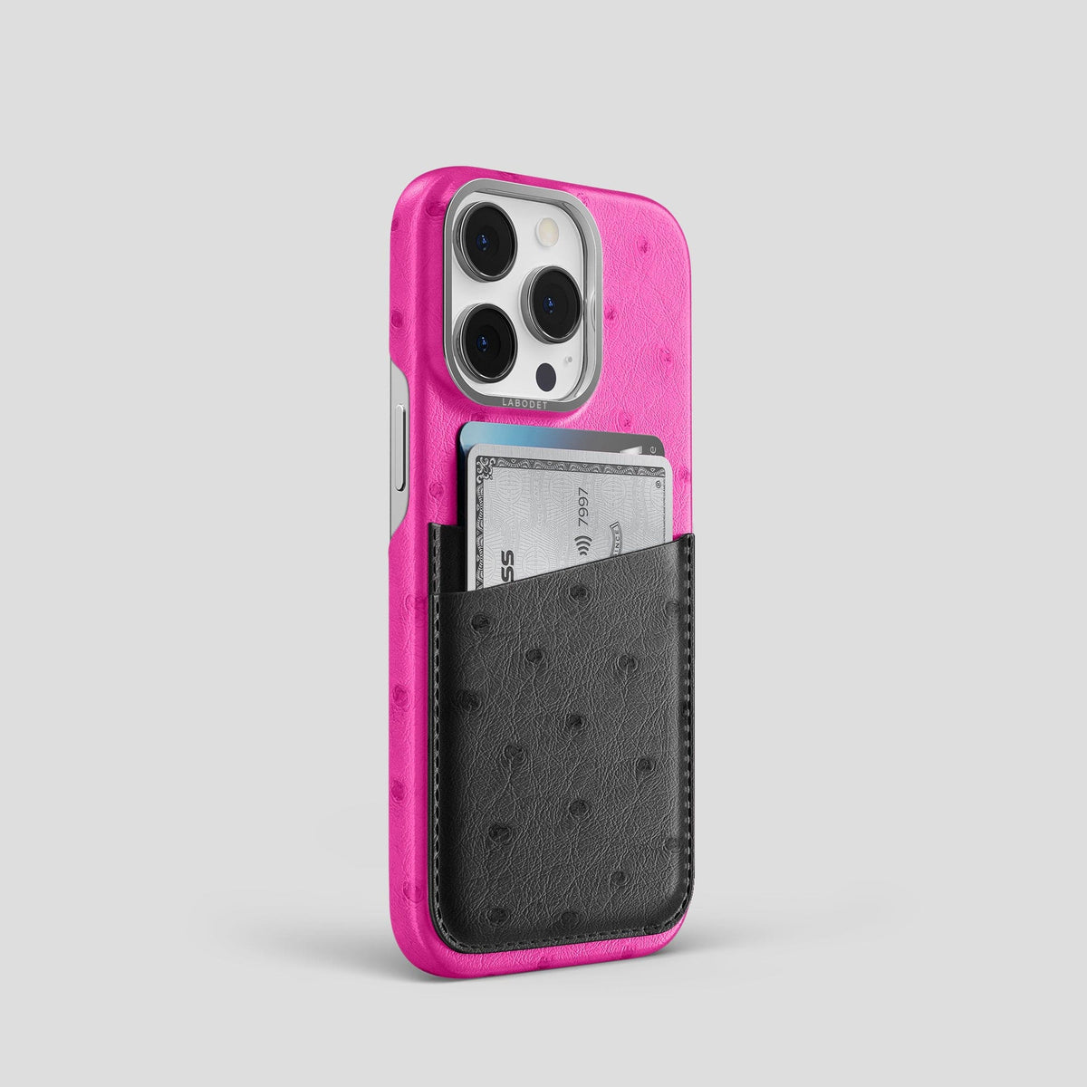 Fuchsia-Black iPhone 14 Pro Card Case Colore Ostrich with Steel Metal -2 | Fuchsia-Black-Steel