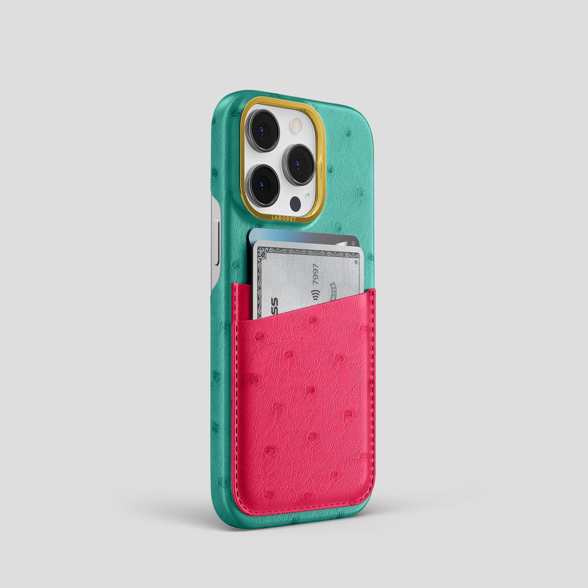 Green-Bordeaux iPhone 14 Pro Card Case Colore Ostrich with Gold Metal -2 | Green-Bordeaux-Gold