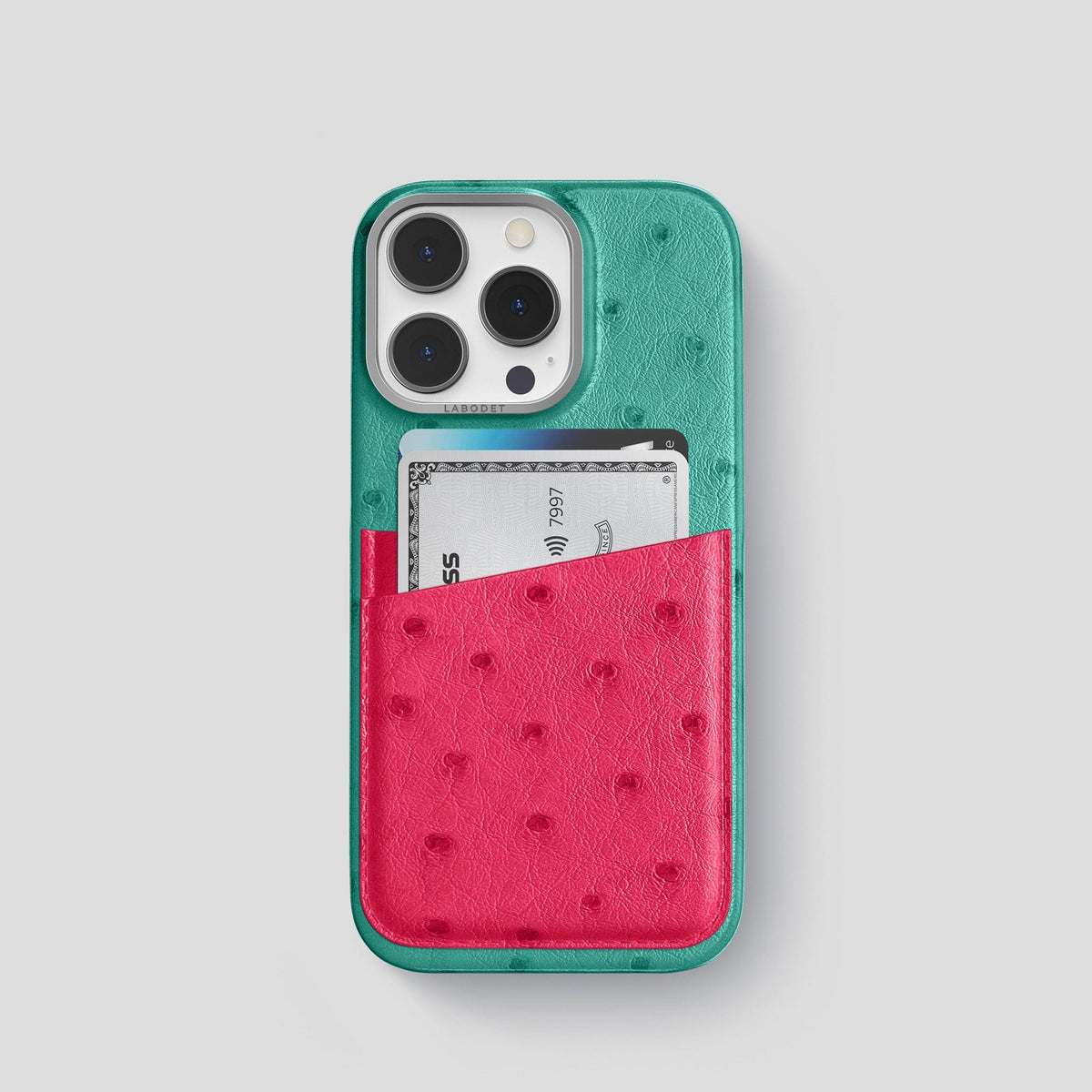 Green-Bordeaux iPhone 14 Pro Card Case Colore Ostrich with Steel Metal -1 | Green-Bordeaux-Steel
