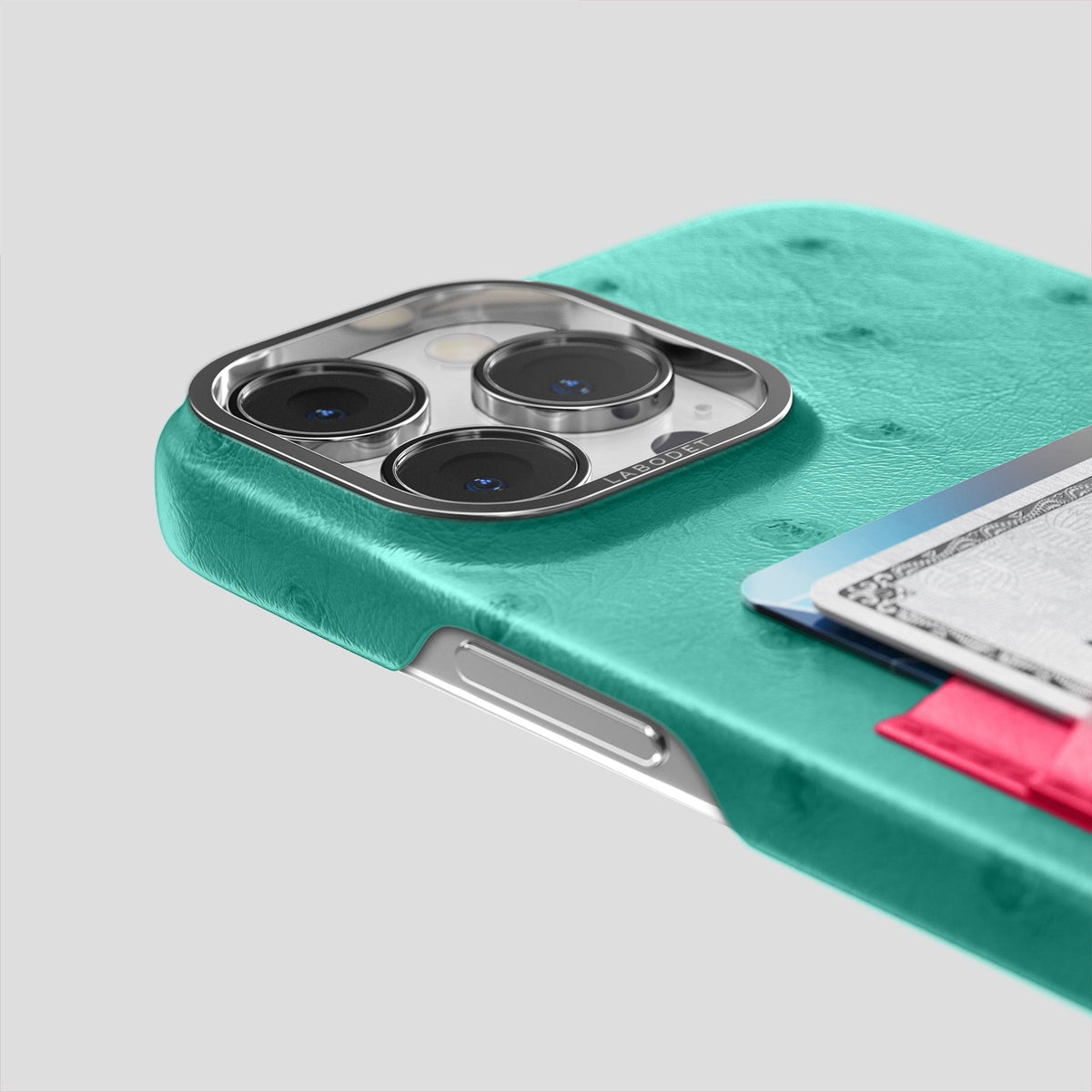 Green-Bordeaux iPhone 14 Pro Card Case Colore Ostrich with Steel Metal -5 | Green-Bordeaux-Steel
