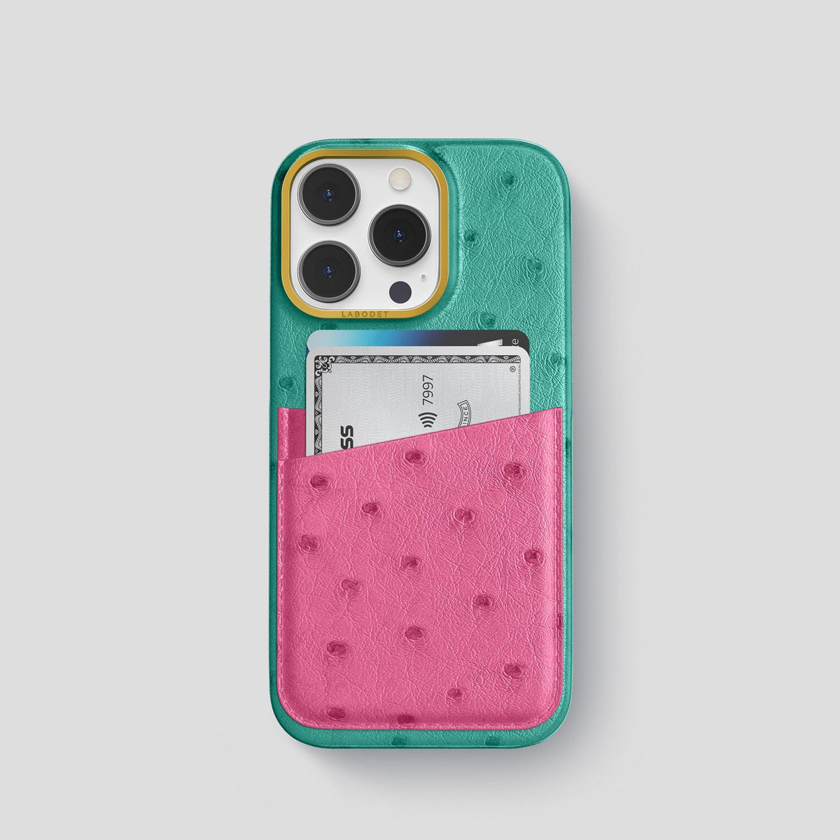 Green-Petal-Pink iPhone 14 Pro Card Case Colore Ostrich with Gold Metal -1 | Green-Petal-Pink-Gold