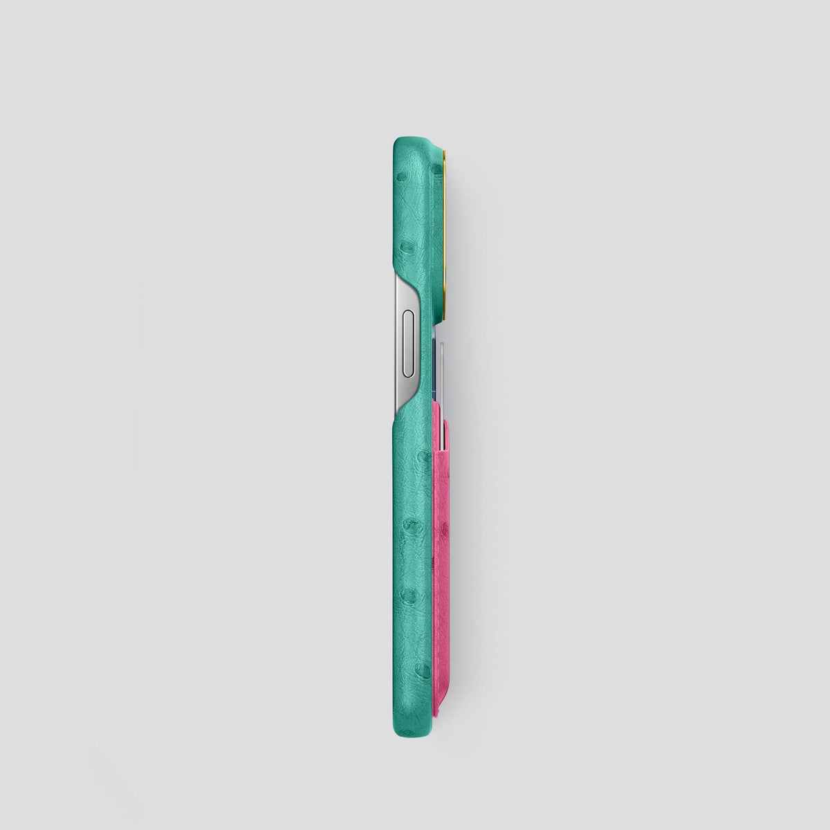 Green-Petal-Pink iPhone 14 Pro Card Case Colore Ostrich with Gold Metal -3 | Green-Petal-Pink-Gold