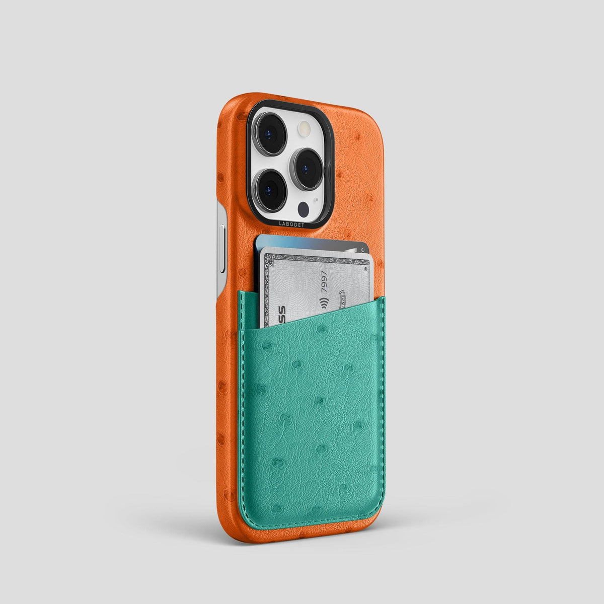 Medium-Brown-Green iPhone 14 Pro Card Case Colore Ostrich with Black Metal -2 | Medium-Brown-Green-Black