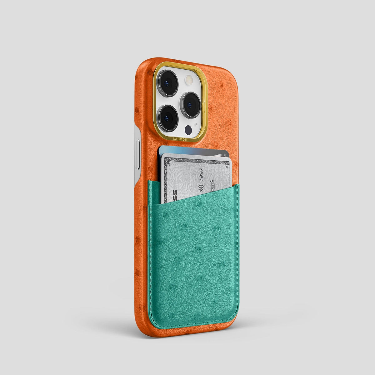Medium-Brown-Green iPhone 14 Pro Card Case Colore Ostrich with Gold Metal -2 | Medium-Brown-Green-Gold