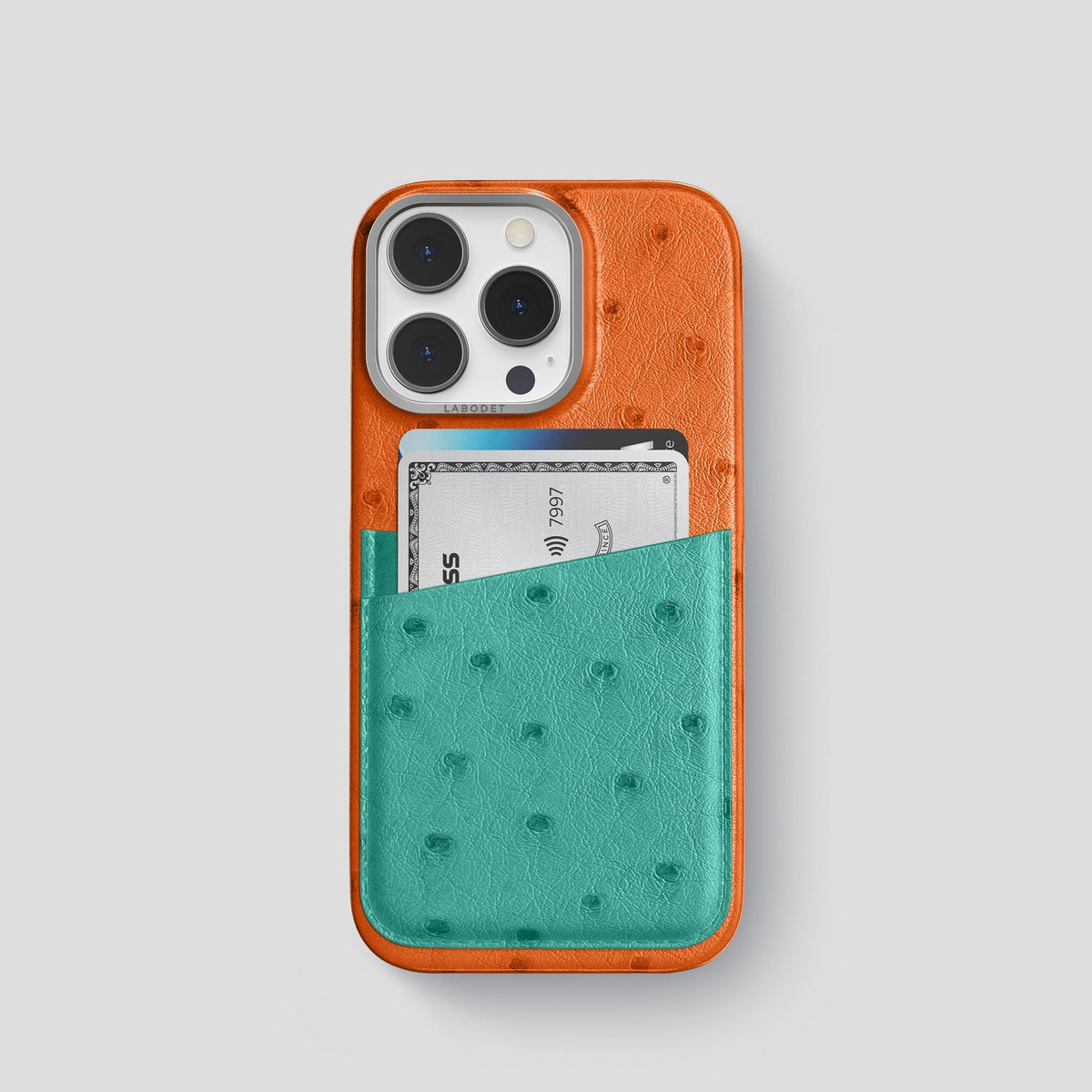 Medium-Brown-Green iPhone 14 Pro Card Case Colore Ostrich with Steel Metal -1 | Medium-Brown-Green-Steel