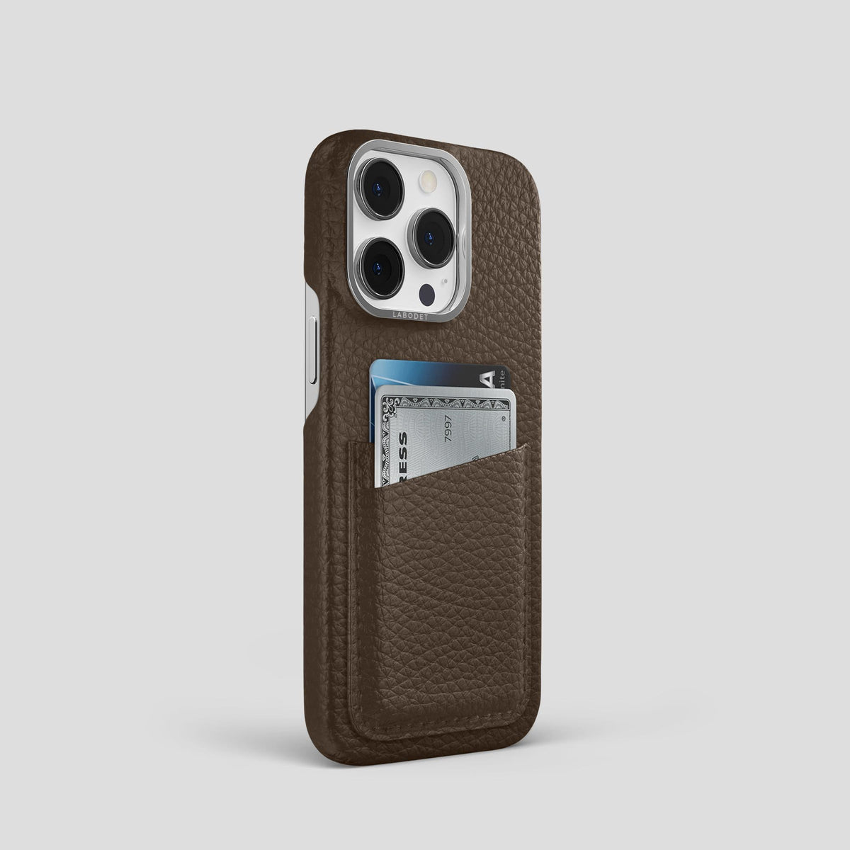 Dark Brown iPhone 14 Pro Card Case Calf with Steel Metal -2 | Dark-Brown-Steel