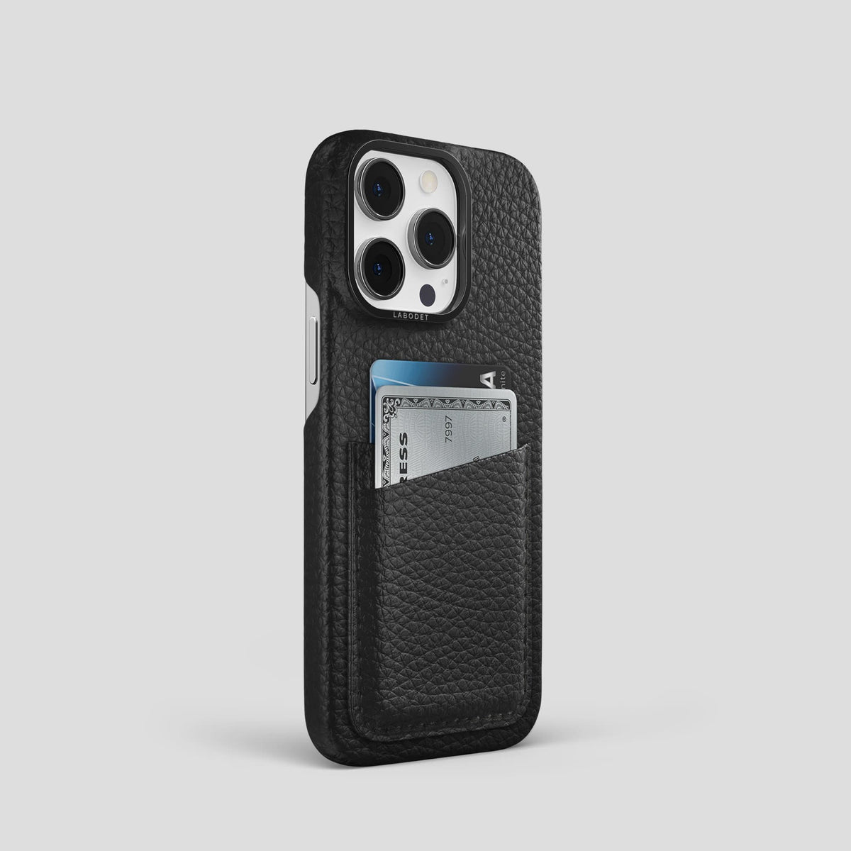 Black iPhone 14 Pro Card Case Calf with Black Metal -2 | Black-Black