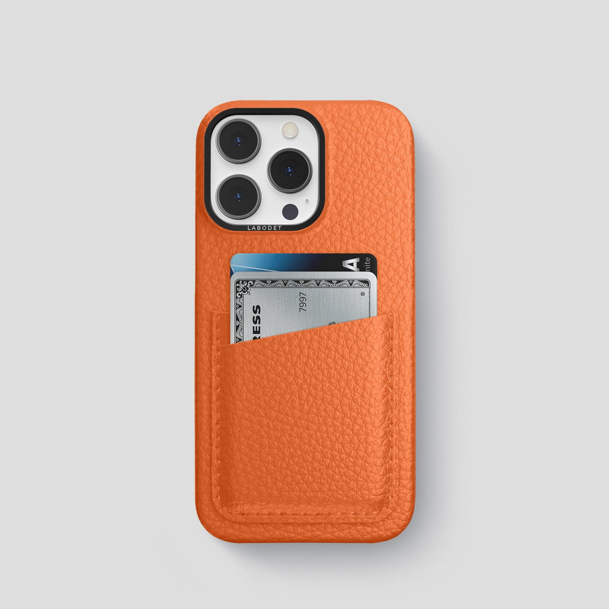 Orange iPhone 14 Pro Card Case Calf with Black Metal -1 | Orange-Black