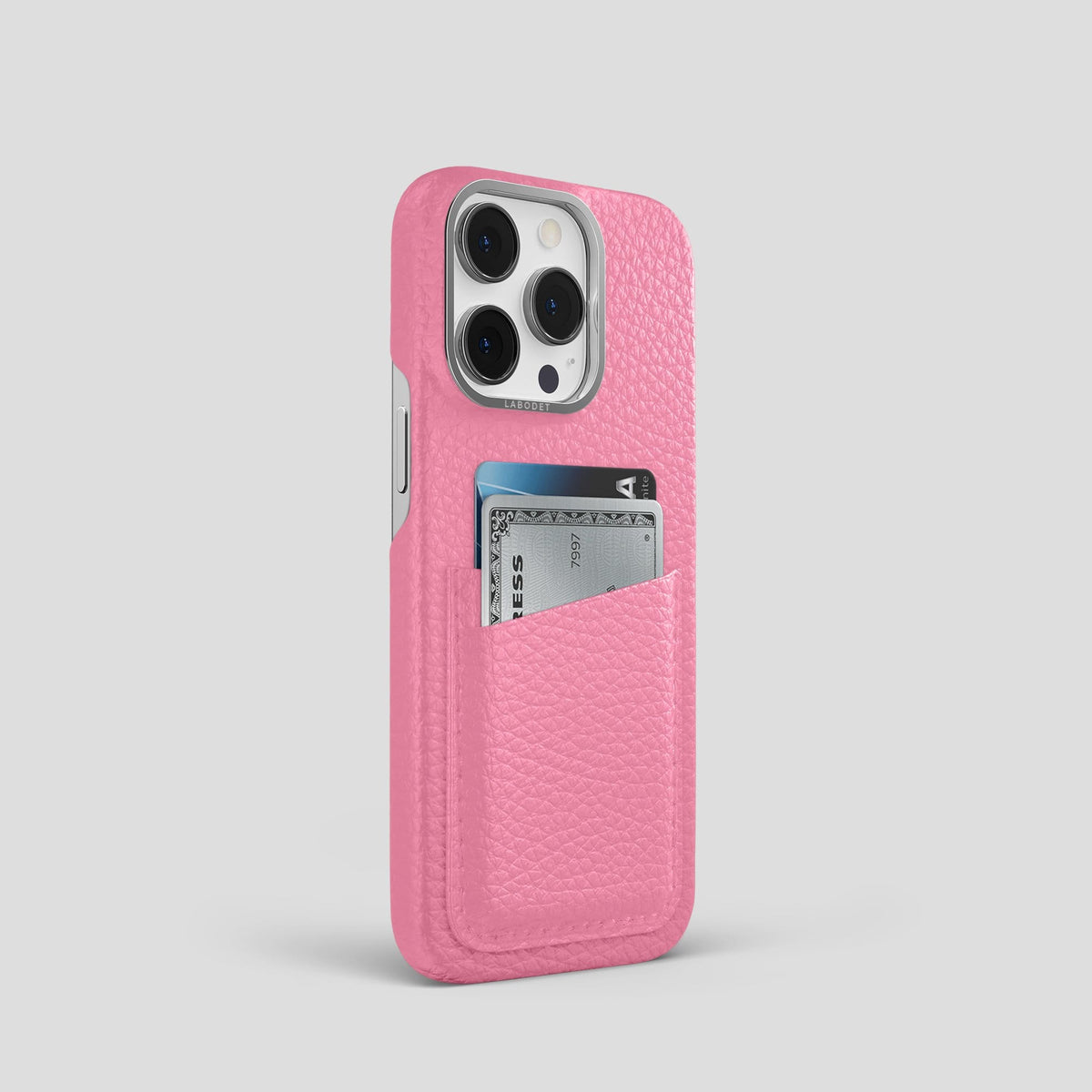 Pink iPhone 14 Pro Card Case Calf with Steel Metal -2 | Pink-Steel