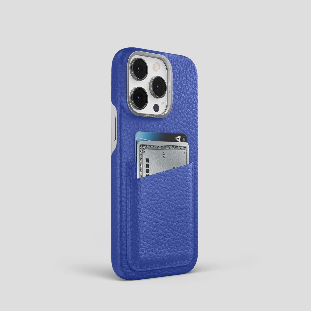 Royal Blue iPhone 14 Pro Card Case Calf with Steel Metal -2 | Royal-Blue-Steel