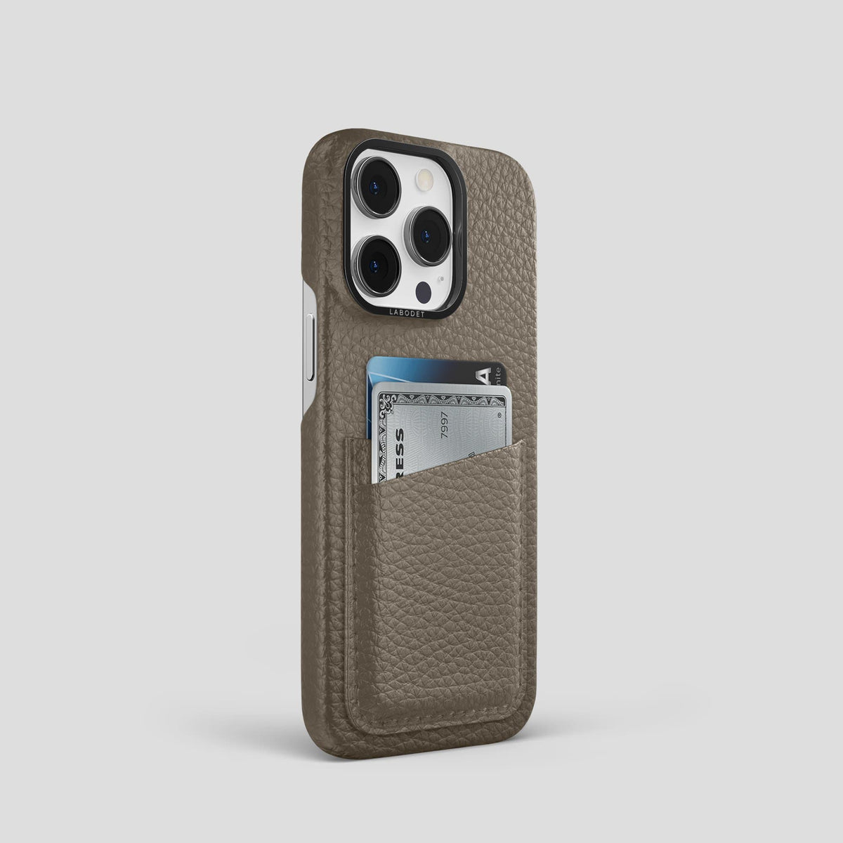 Taupe iPhone 14 Pro Card Case Calf with Black Metal -2 | Taupe-Black