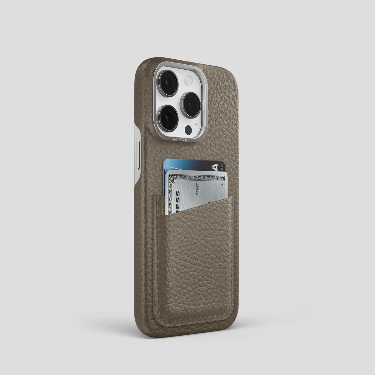 Taupe iPhone 14 Pro Card Case Calf with Steel Metal -2 | Taupe-Steel
