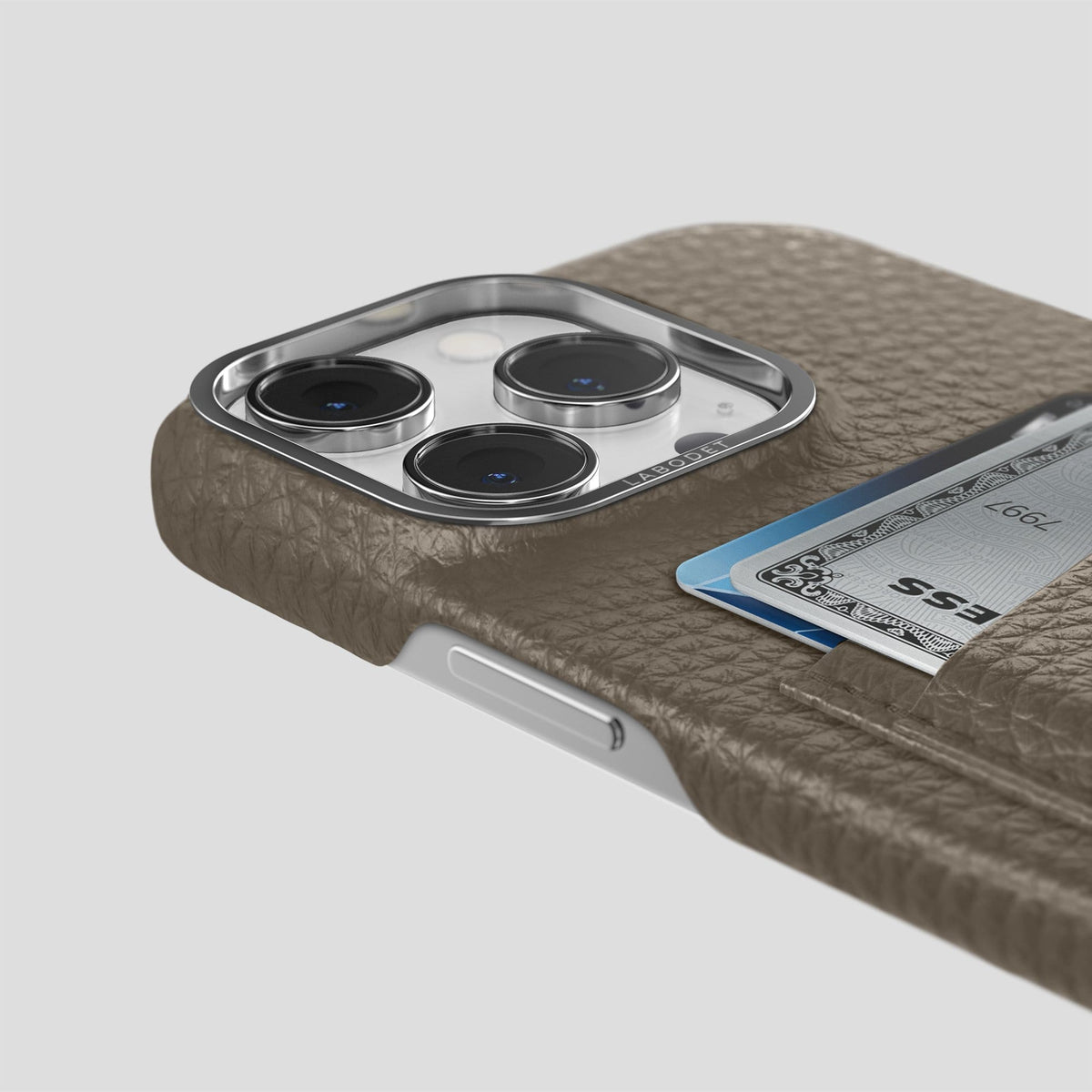 Taupe iPhone 14 Pro Card Case Calf with Steel Metal -5 | Taupe-Steel