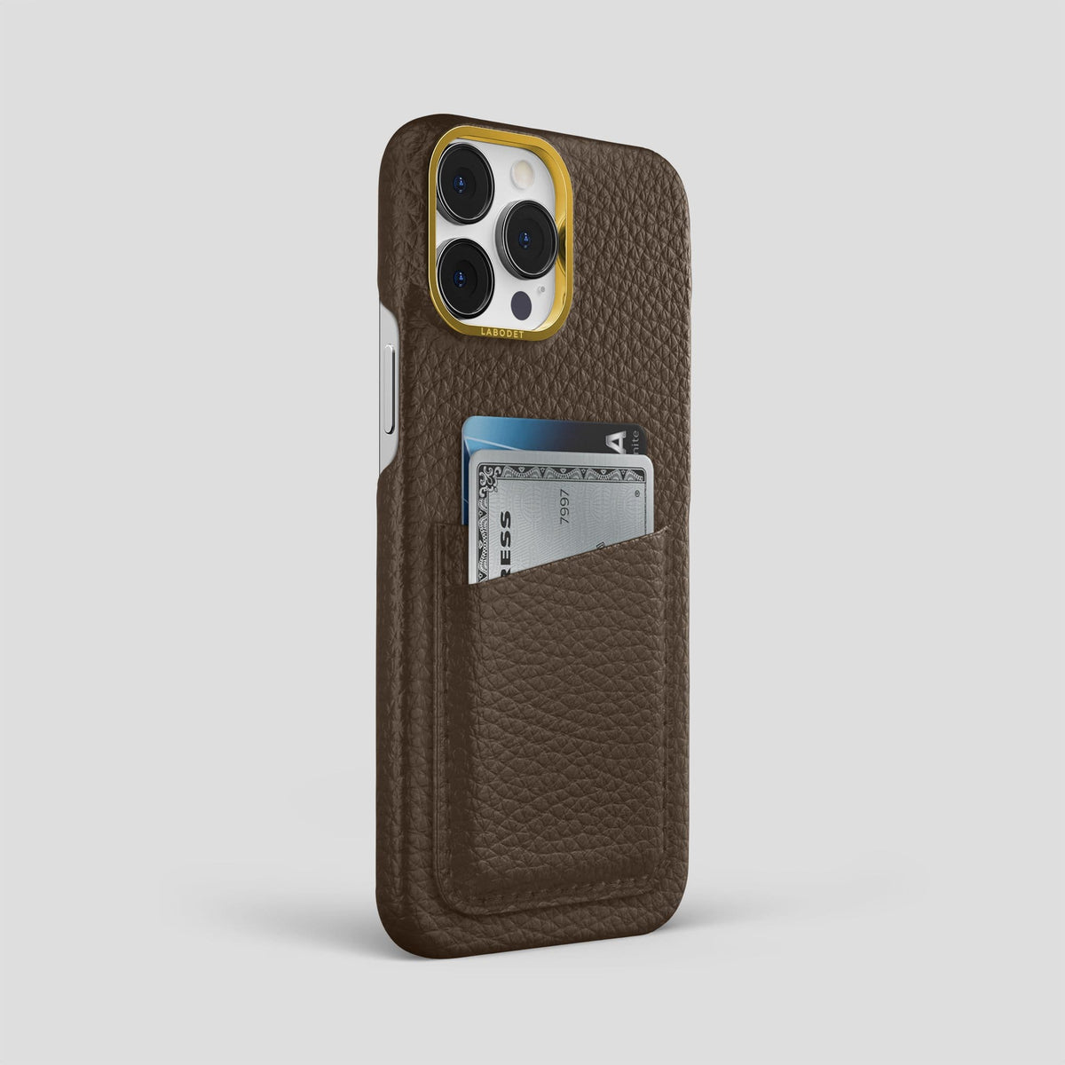 Dark Brown iPhone 14 Pro Max Card Case Calf with Gold Metal -2 | Dark-Brown-Gold