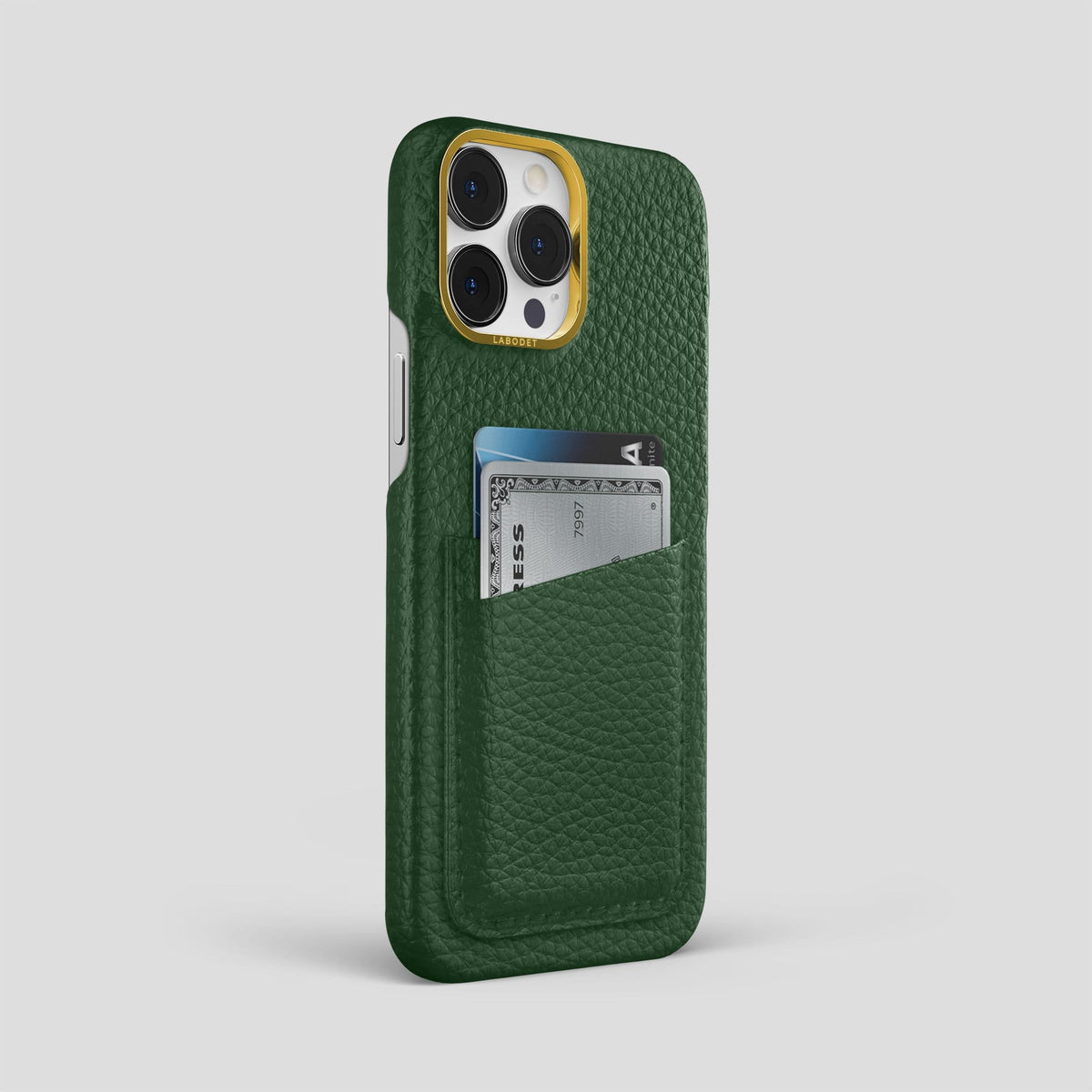 Dark Green iPhone 14 Pro Max Card Case Calf with Gold Metal -2 | Dark-Green-Gold