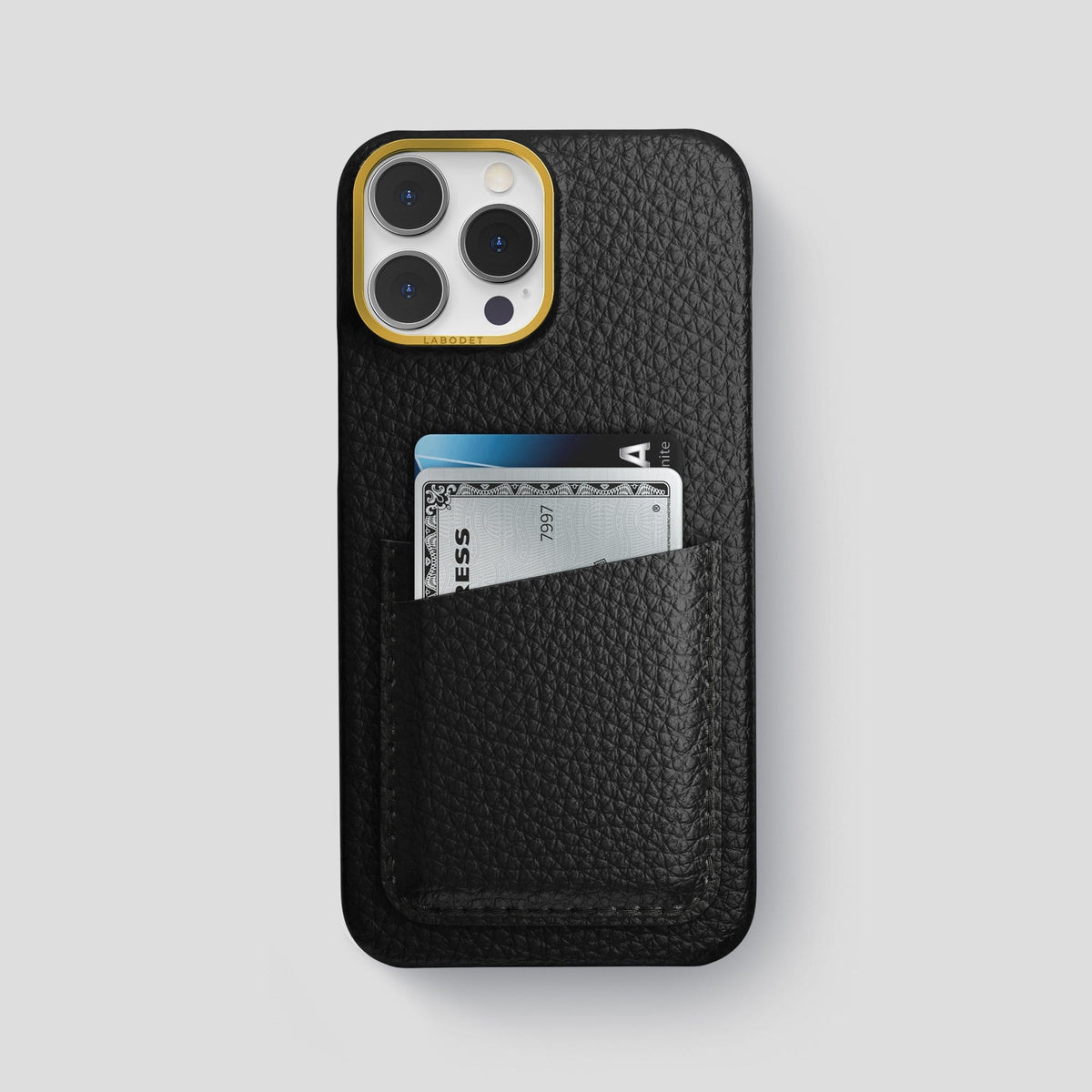 Black iPhone 14 Pro Max Card Case Calf with Gold Metal -1 | Black-Gold