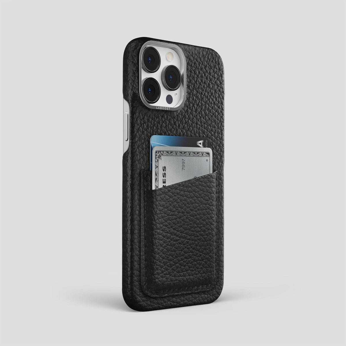 Black iPhone 14 Pro Max Card Case Calf with Steel Metal -2 | Black-Steel