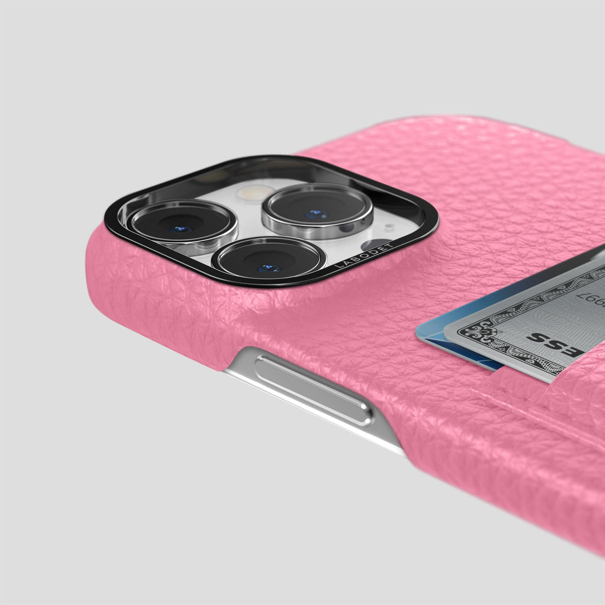 Pink iPhone 14 Pro Max Card Case Calf with Black Metal -5 | Pink-Black