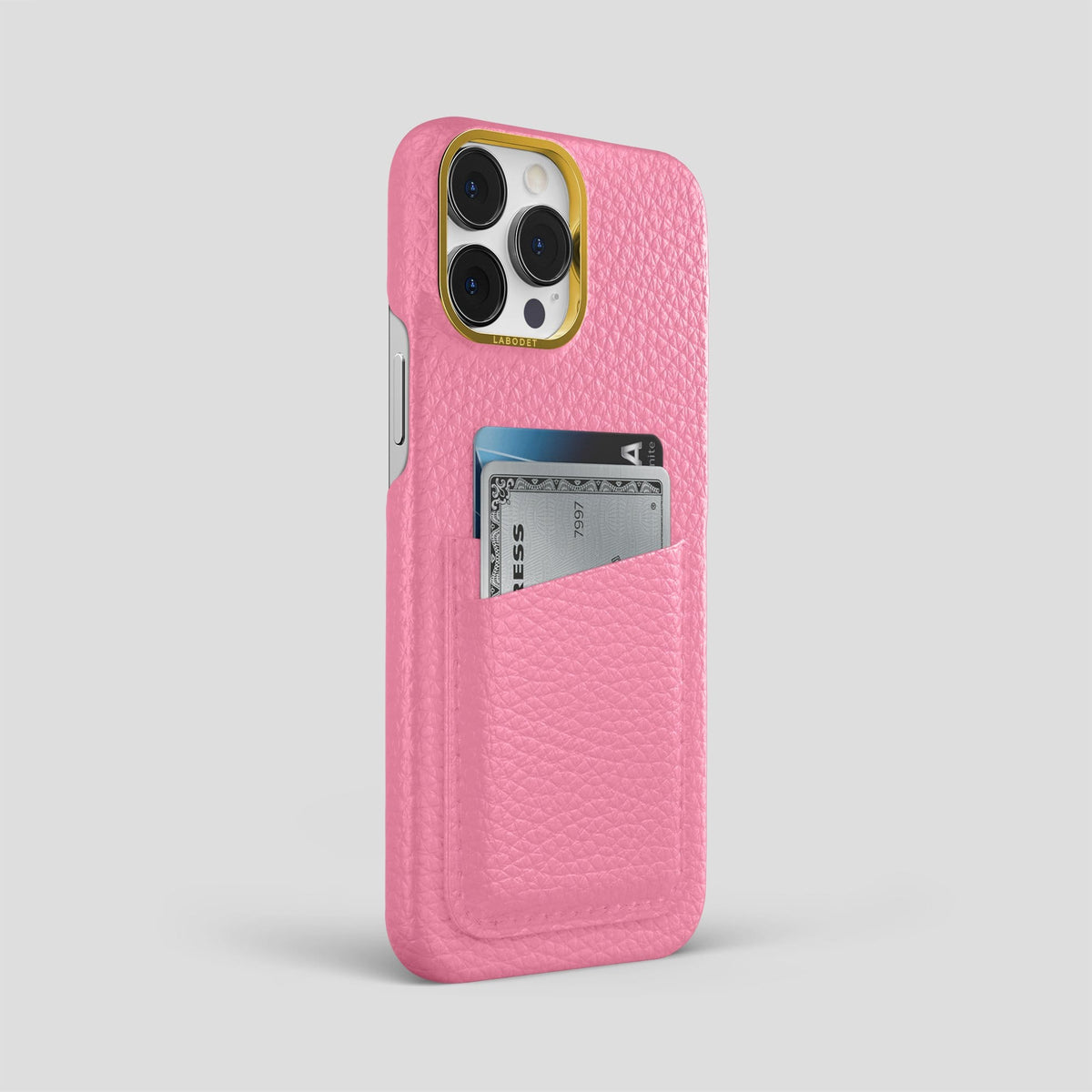Pink iPhone 14 Pro Max Card Case Calf with Gold Metal -2 | Pink-Gold
