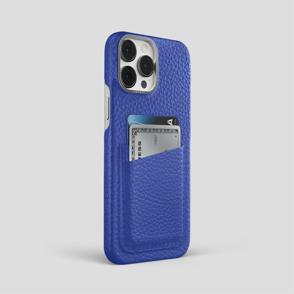 Royal Blue iPhone 14 Pro Max Card Case Calf with Steel Metal -2 | Royal-Blue-Steel
