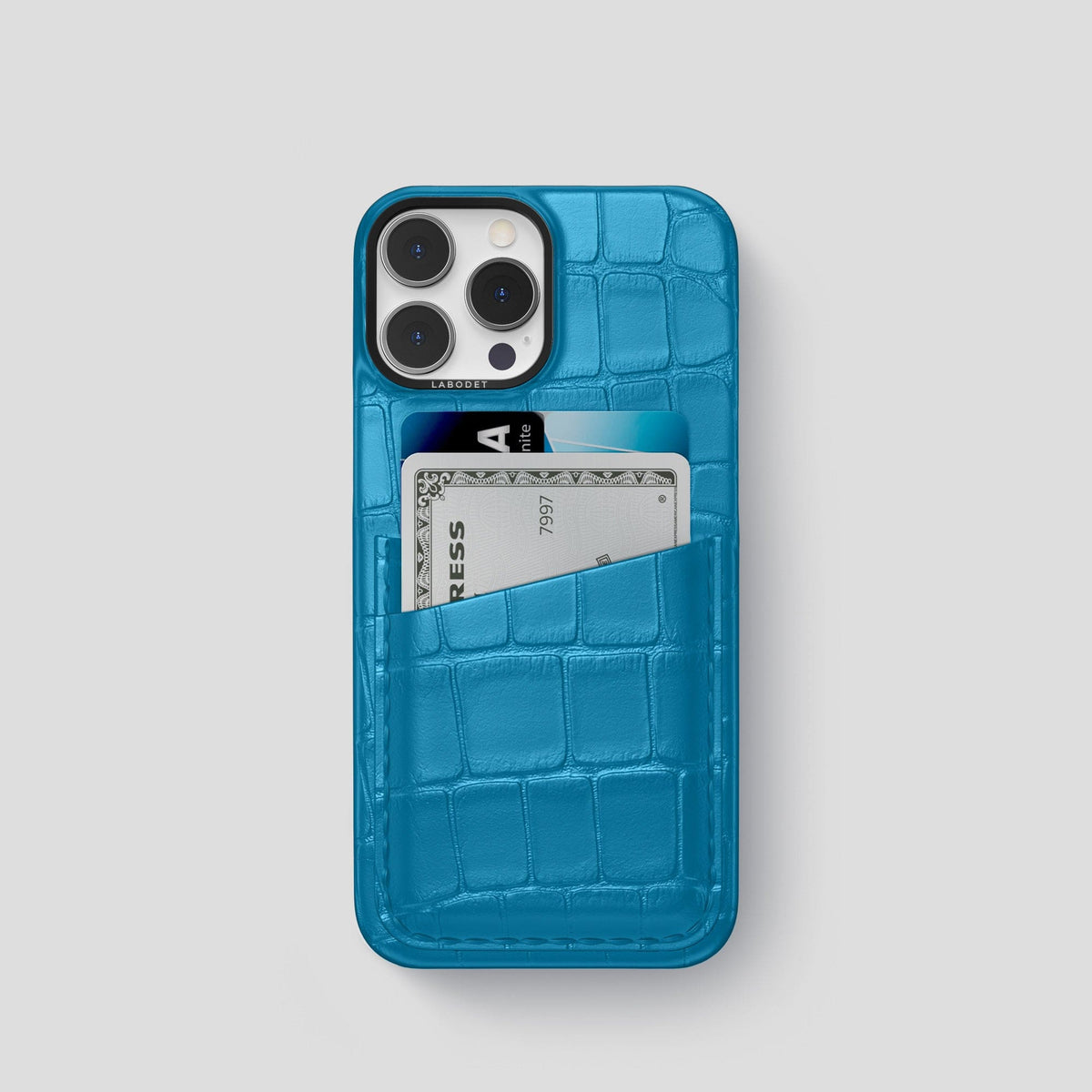 Curaçao-Blue iPhone 14 Pro Card Case Alligator with Black Metal -1 | Curaçao-Blue-Black