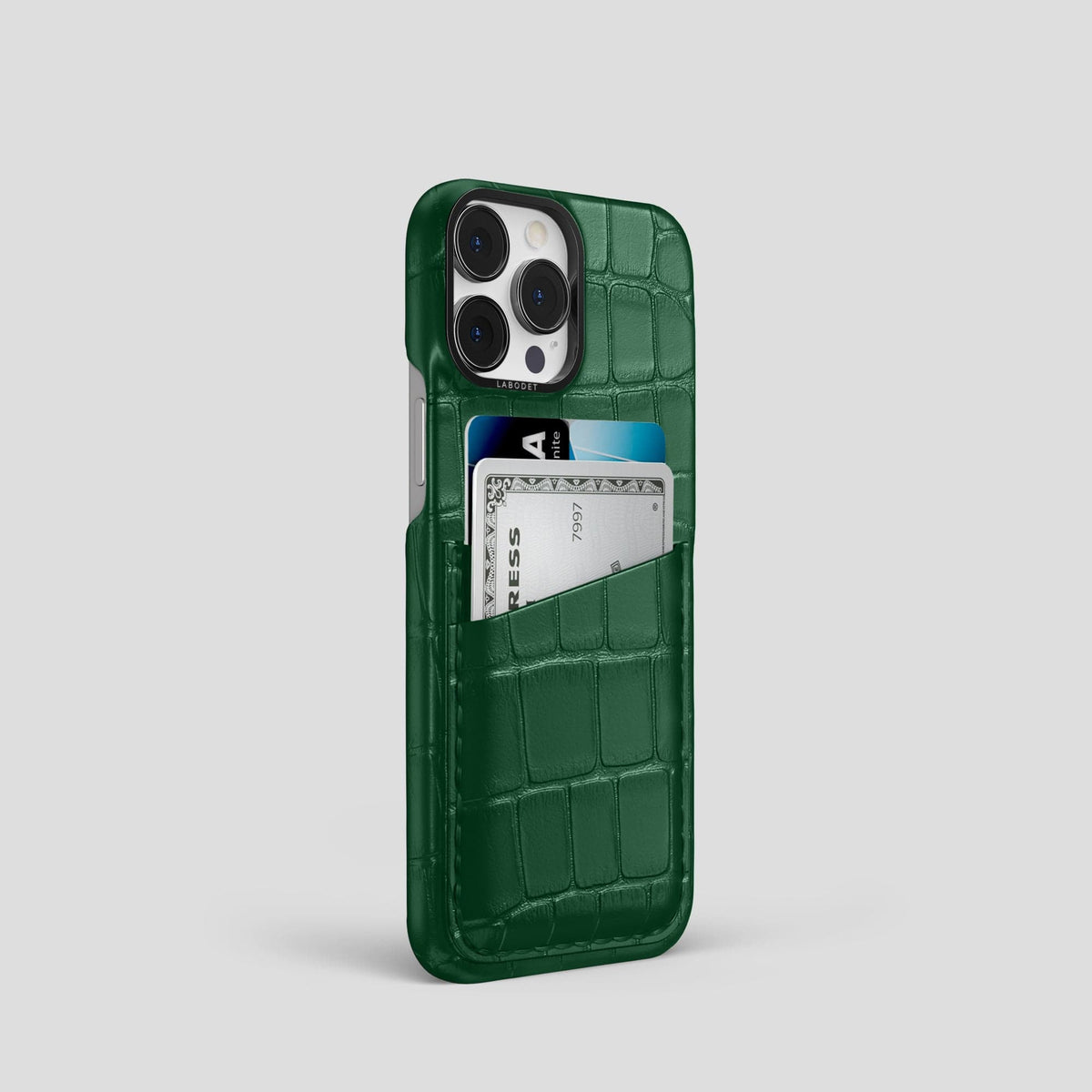 Forest-Green iPhone 14 Pro Card Case Alligator with Black Metal -2 | Forest-Green-Black