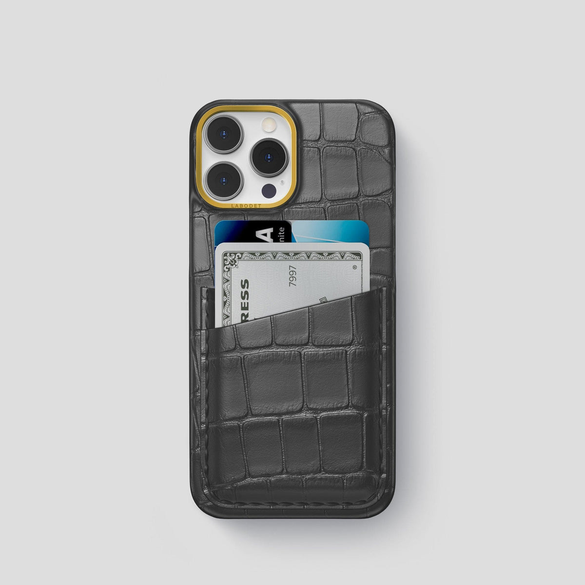 Grey iPhone 14 Pro Card Case Alligator with Gold Metal -1 | Grey-Gold