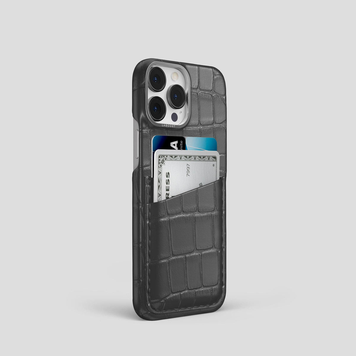 Grey iPhone 14 Pro Card Case Alligator with Steel Metal -2 | Grey-Steel