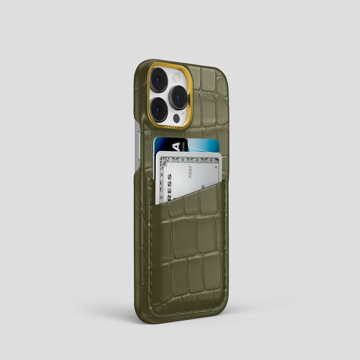 Kaki-Green iPhone 14 Pro Card Case Alligator with Gold Metal -2 | Kaki-Green-Gold