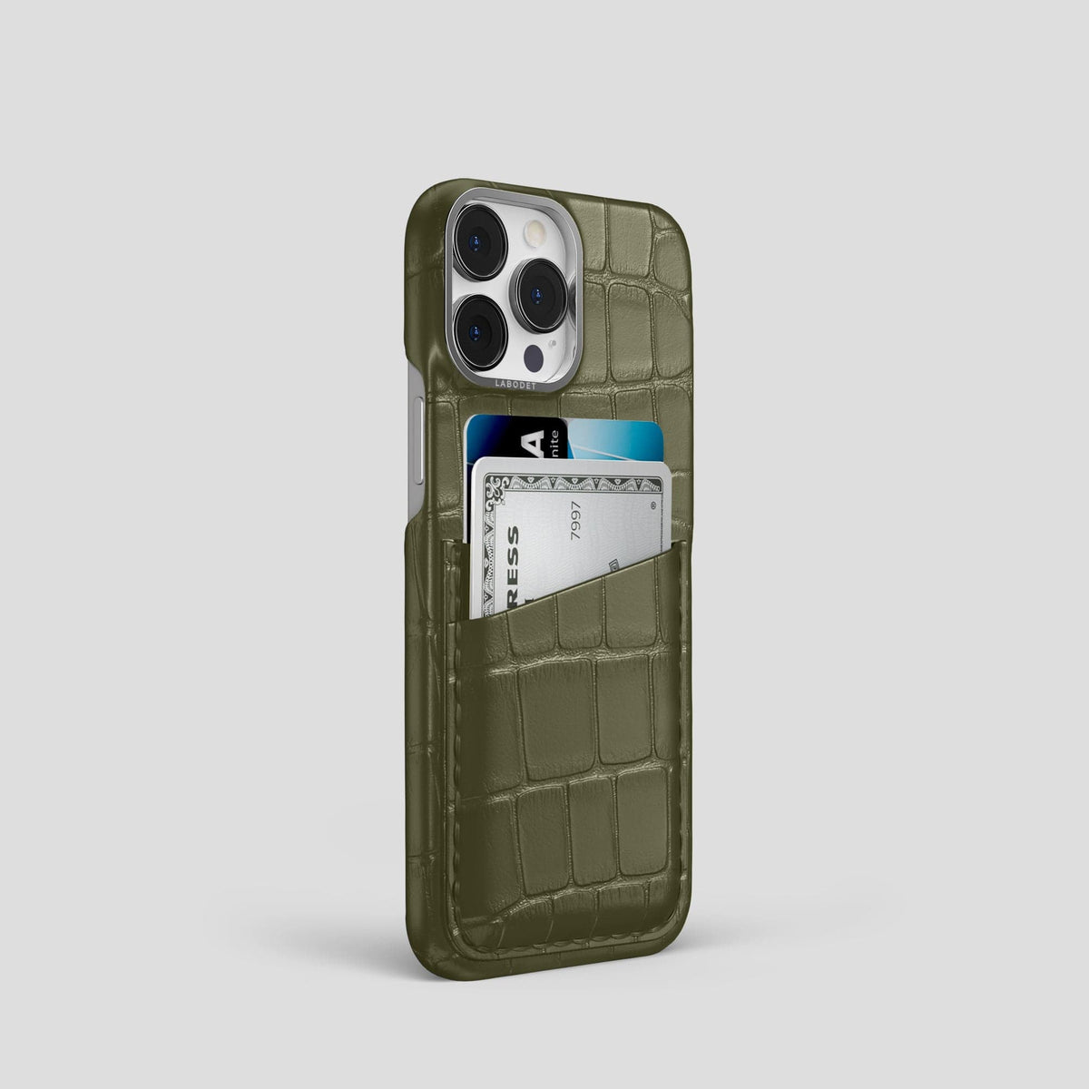 Kaki-Green iPhone 14 Pro Card Case Alligator with Steel Metal -2 | Kaki-Green-Steel