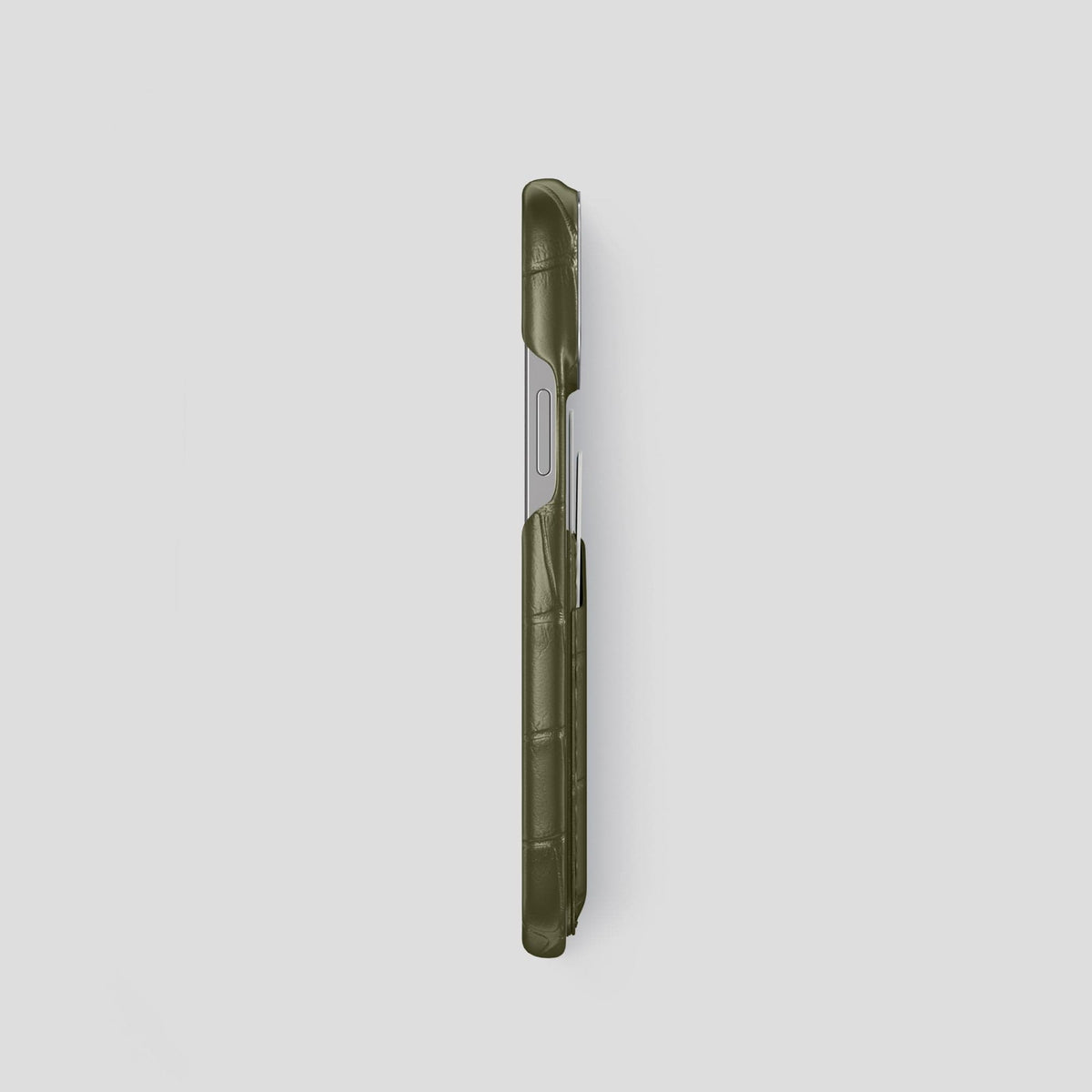 Kaki-Green iPhone 14 Pro Card Case Alligator with Steel Metal -3 | Kaki-Green-Steel