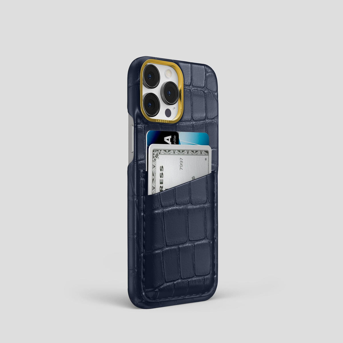 Navy Blue iPhone 14 Pro Card Case Alligator with Gold Metal -2 | Navy-Blue-Gold