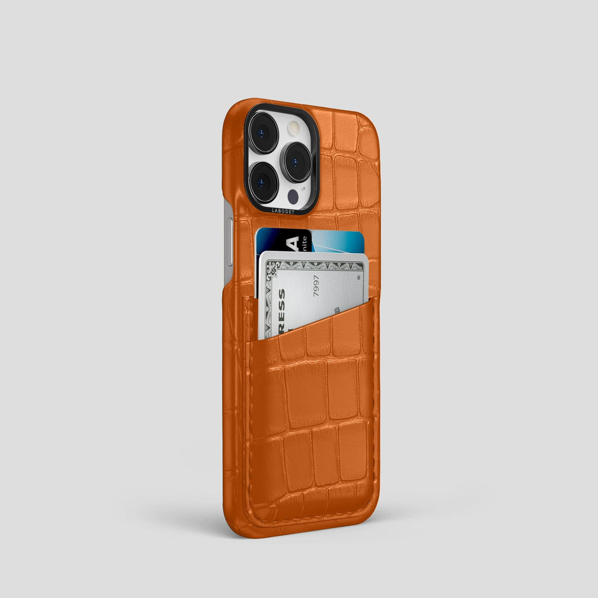 Orange iPhone 14 Pro Card Case Alligator with Black Metal -2 | Orange-Black