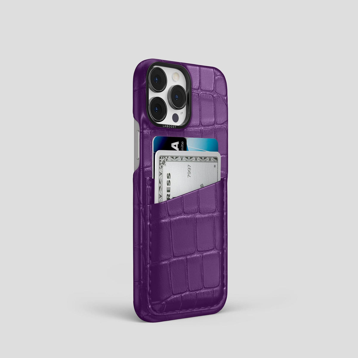 Purple iPhone 14 Pro Card Case Alligator with Black Metal -2 | Purple-Black