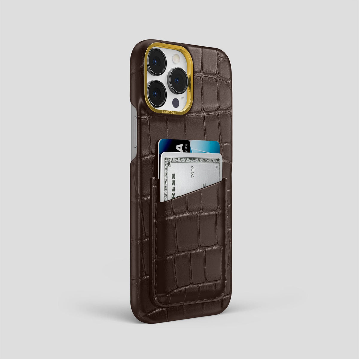 Dark Brown iPhone 14 Pro Max Card Case Alligator with Gold Metal -2 | Dark-Brown-Gold