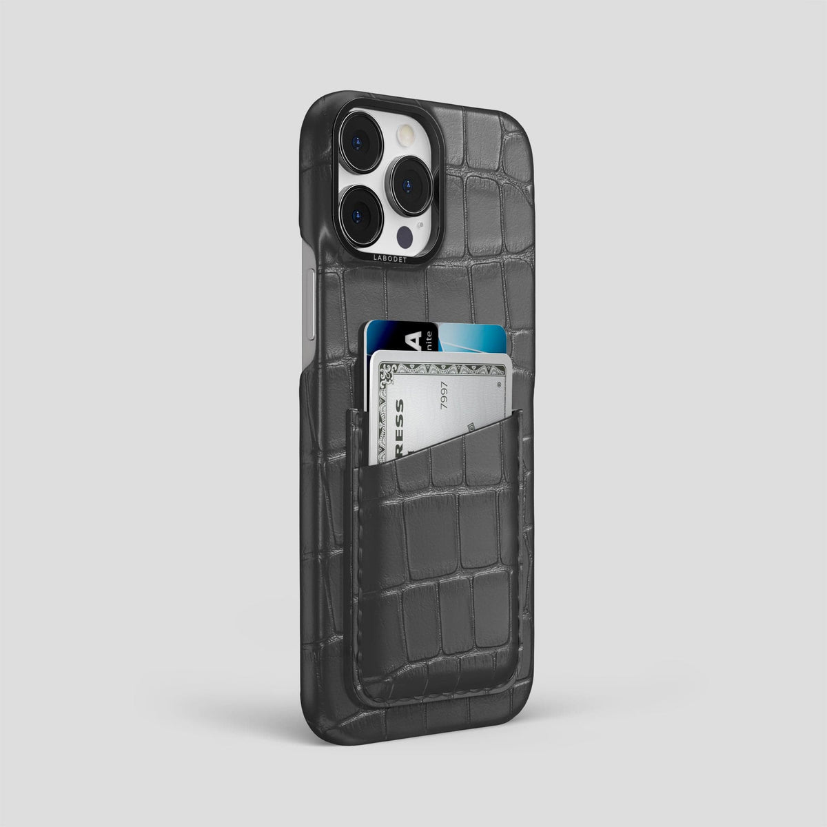 Grey iPhone 14 Pro Max Card Case Alligator with Black Metal -2 | Grey-Black