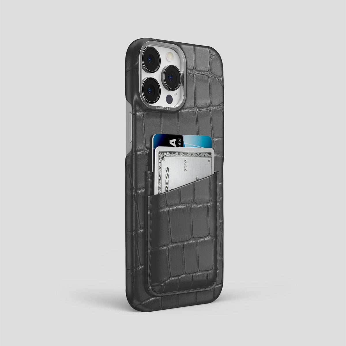 Grey iPhone 14 Pro Max Card Case Alligator with Steel Metal -2 | Grey-Steel